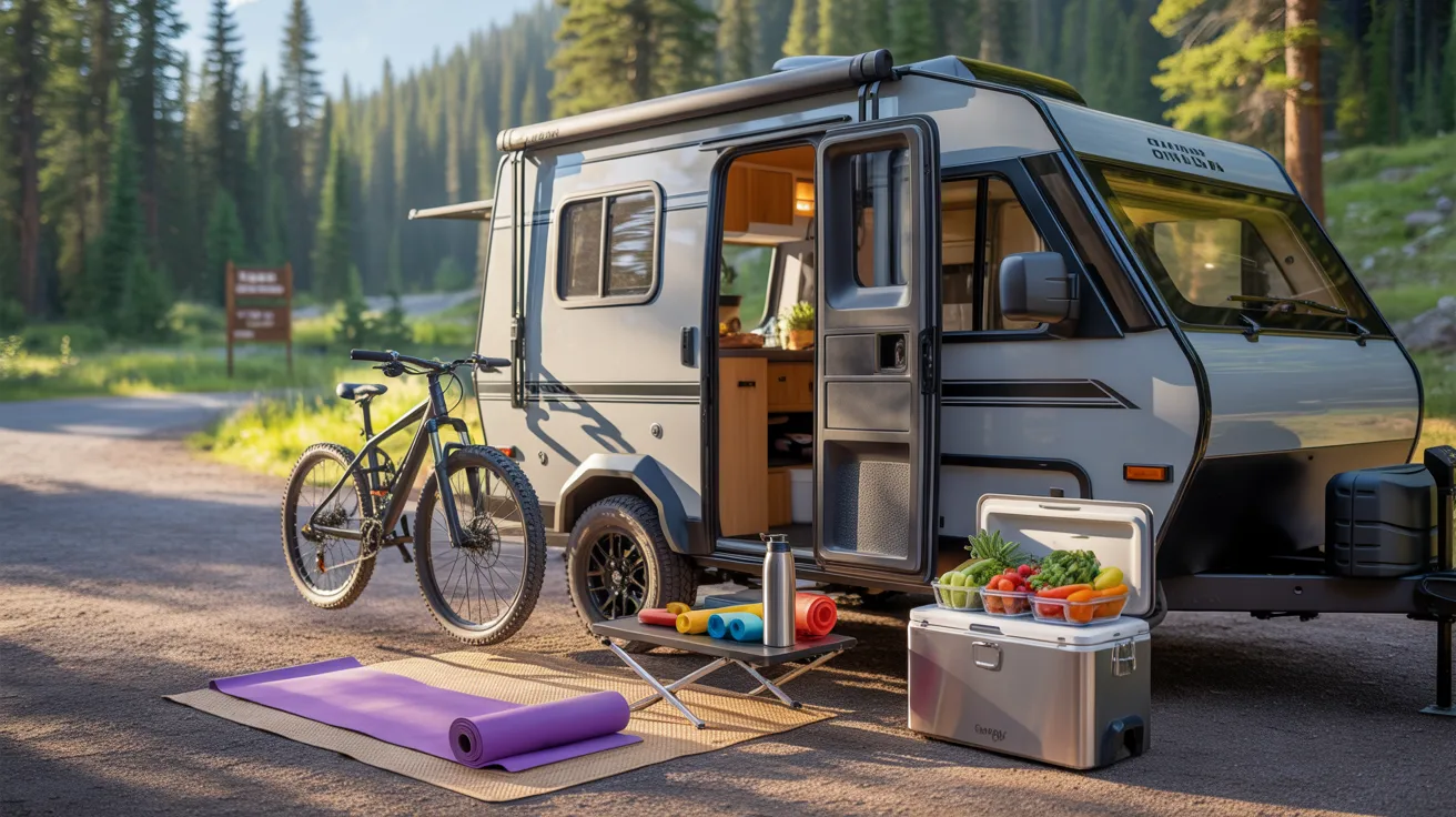 A small camper with a bike and various items loaded in the back, ready for an outdoor adventure.