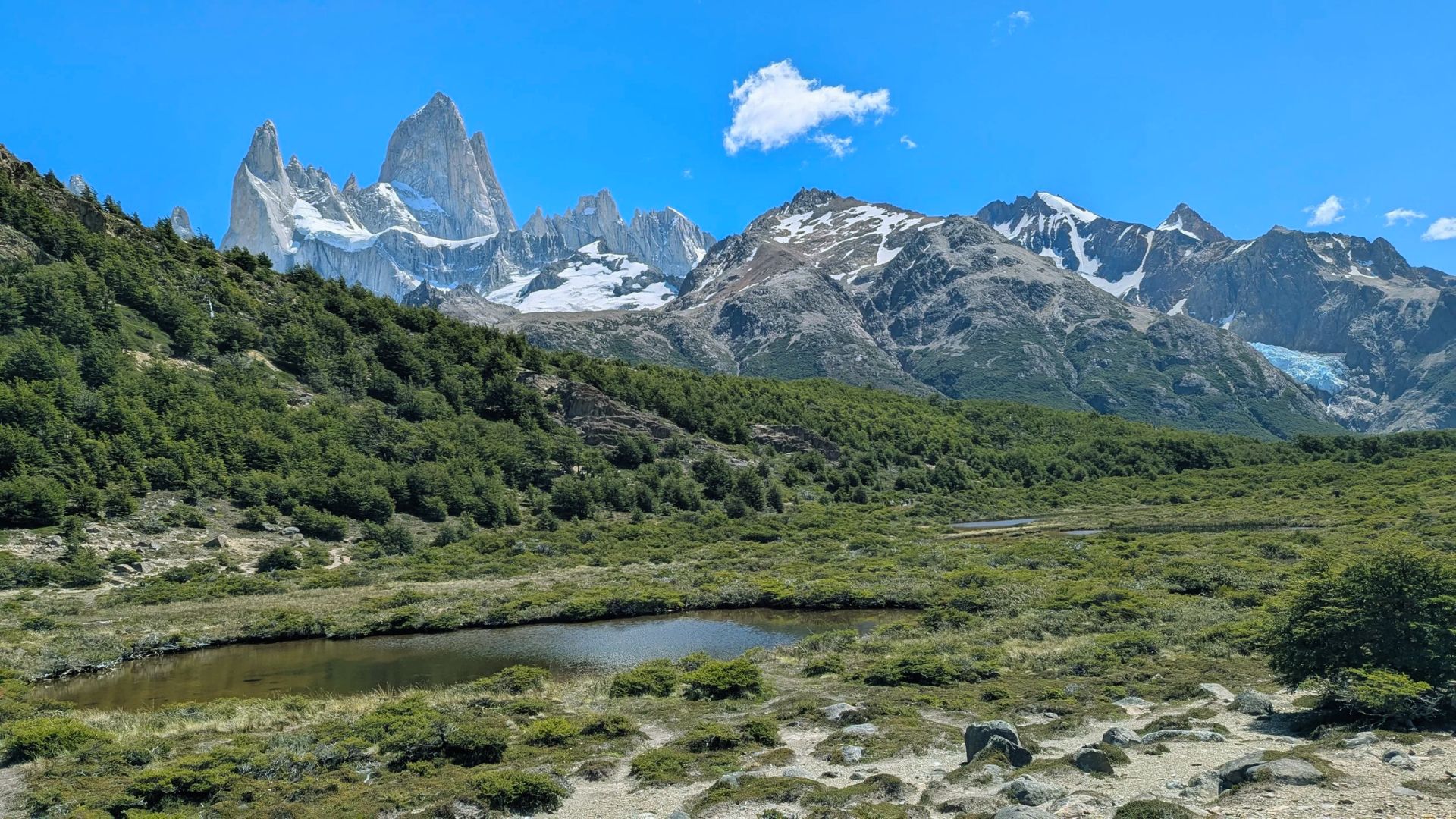 Majestic mountains of Patagonia under a clear blue sky, showcasing rugged peaks and lush green valleys.