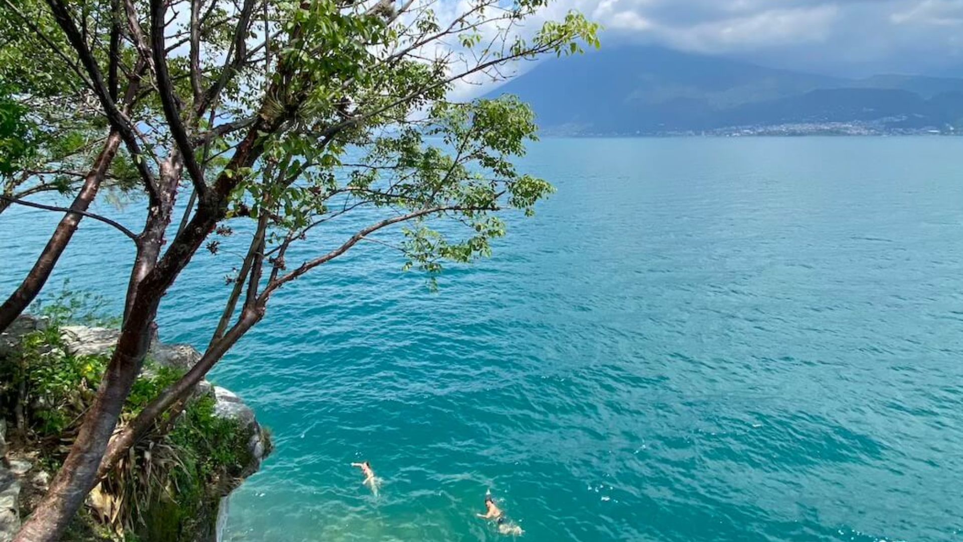 People swimming in clear water near a rocky cliff under a bright blue sky.