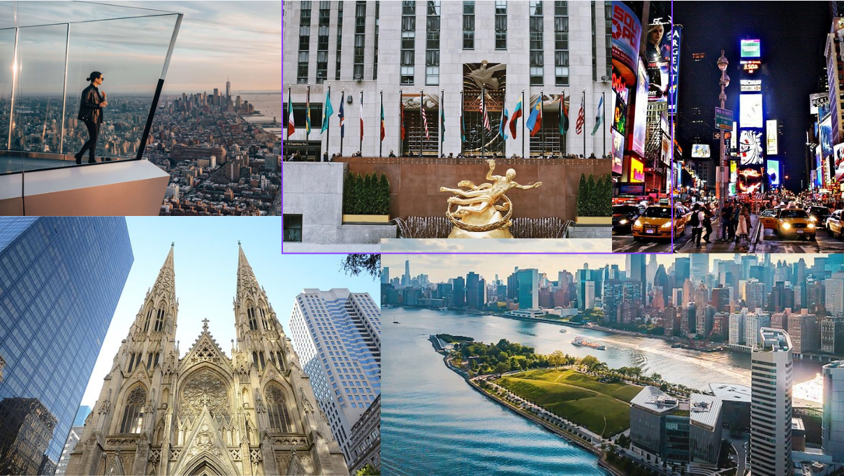 3. A dynamic collage of New York City images, illustrating its iconic architecture, bustling streets, and vibrant urban life.