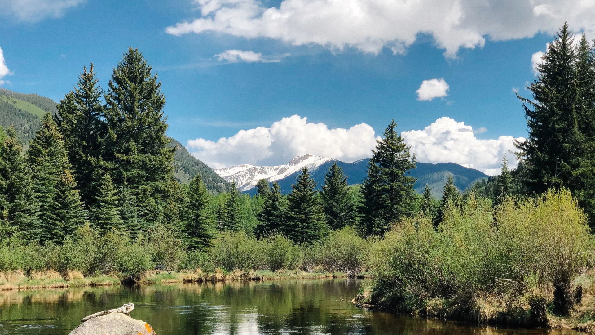 A river meanders through a landscape of rocks and trees, showcasing a peaceful natural environment.