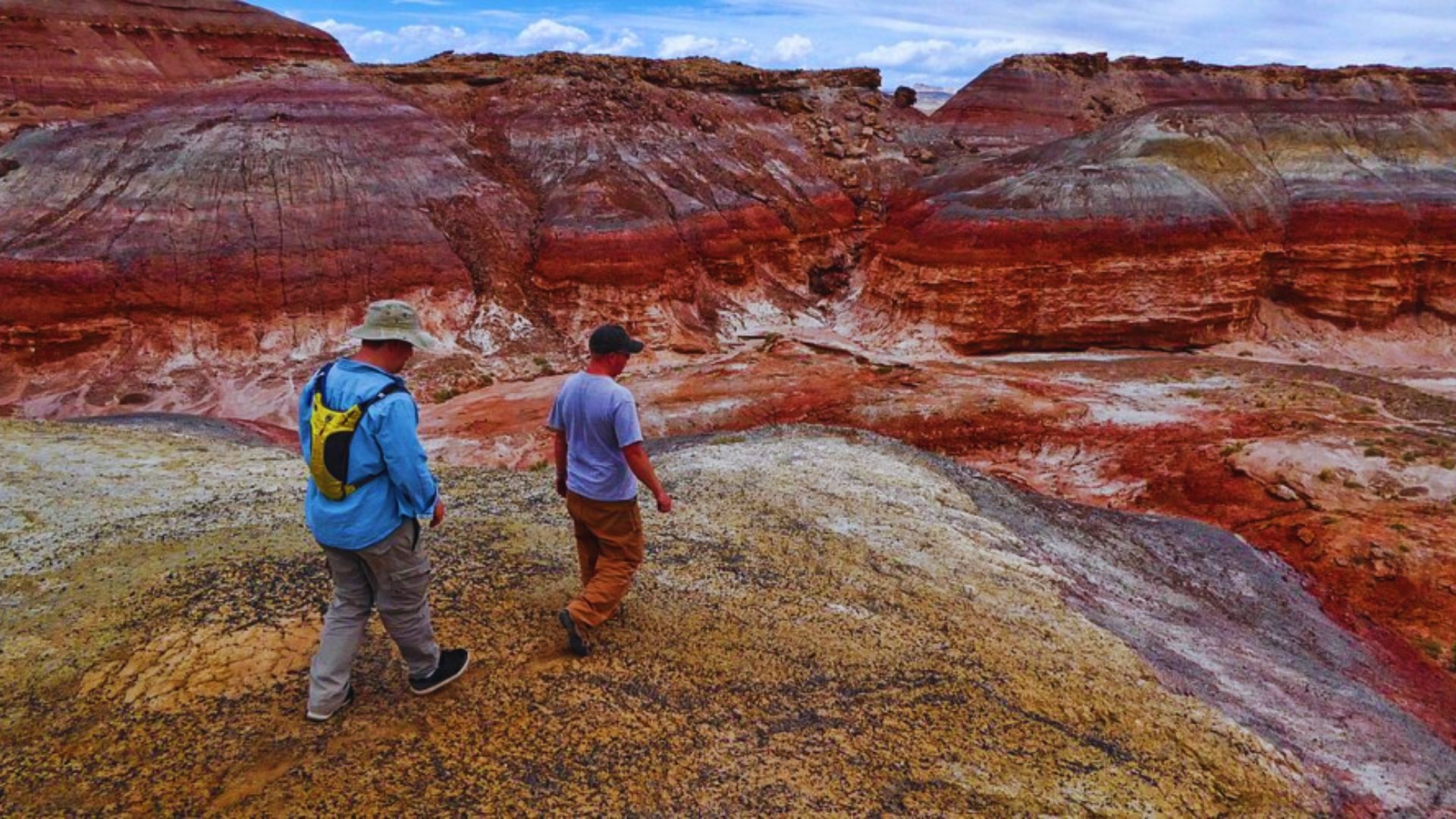 Two men stroll through a vibrant landscape filled with colorful plants and flowers under a clear blue sky.