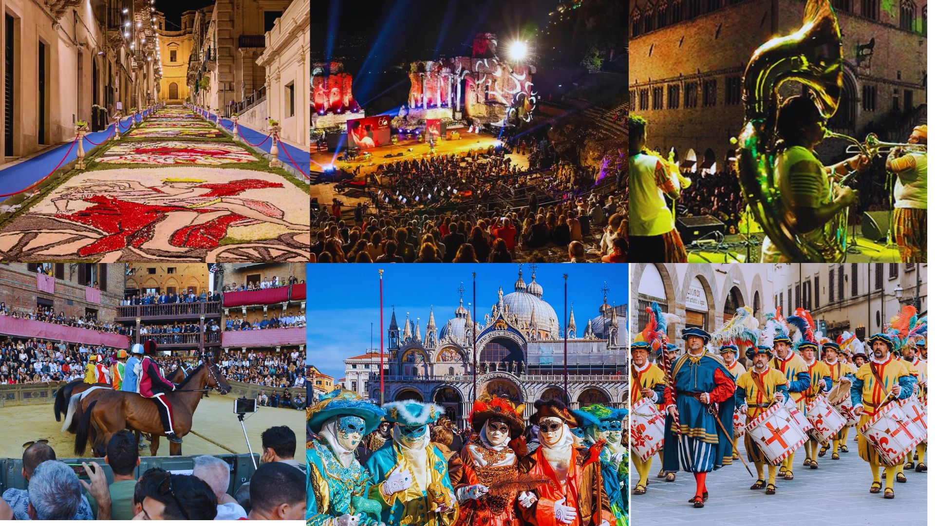A vibrant collage showcasing people in colorful costumes during a lively parade celebration.
