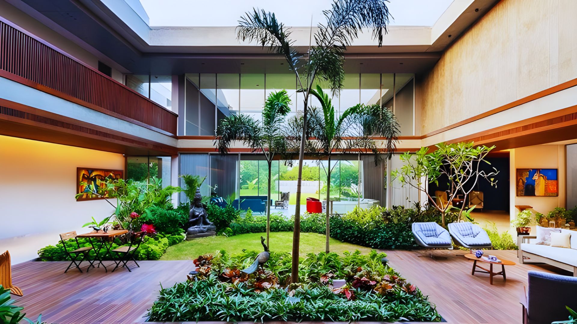 A modern indoor garden featuring a spacious patio and elegant wooden flooring.