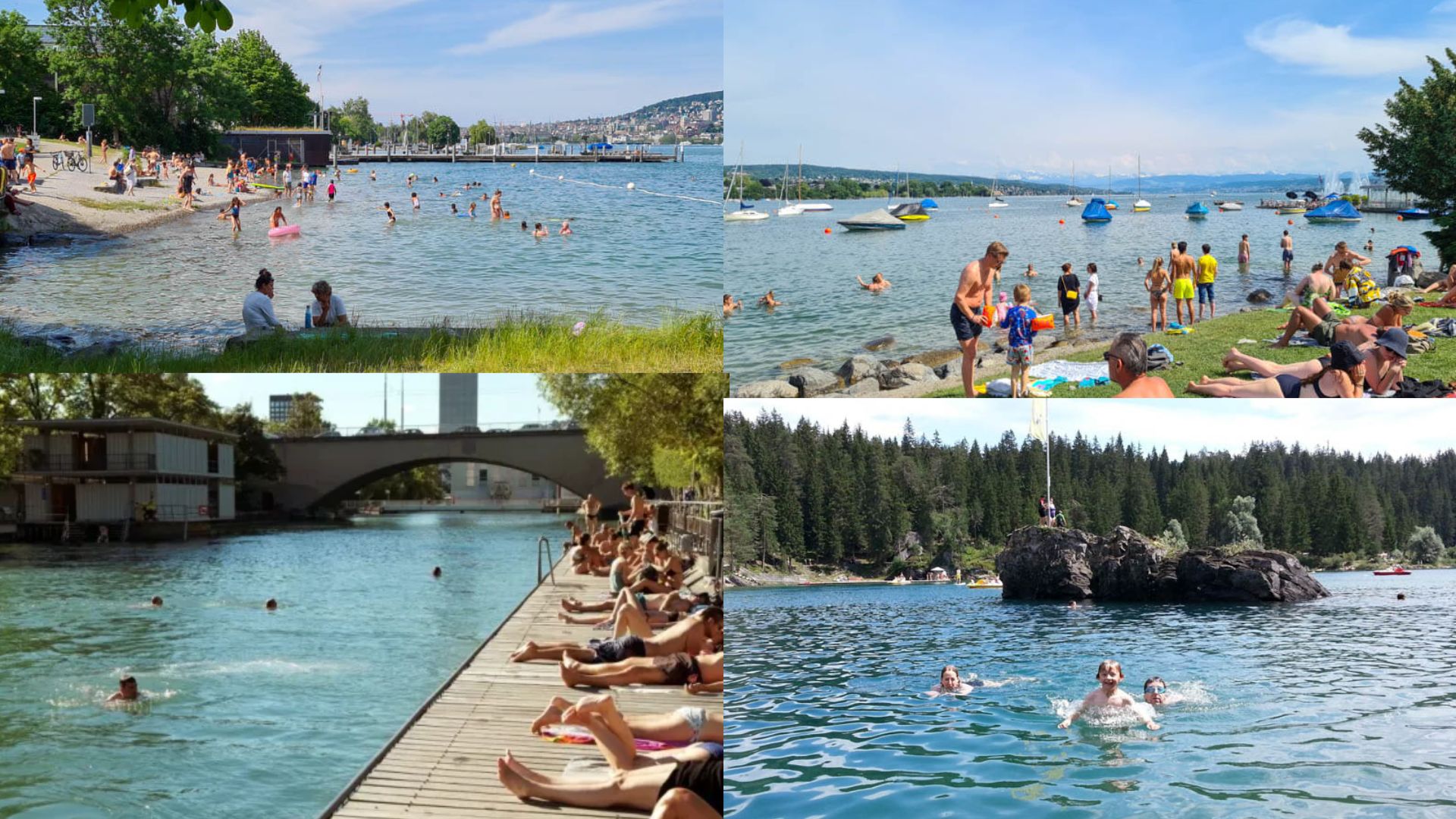 A collage featuring various images of people swimming joyfully in clear blue water.