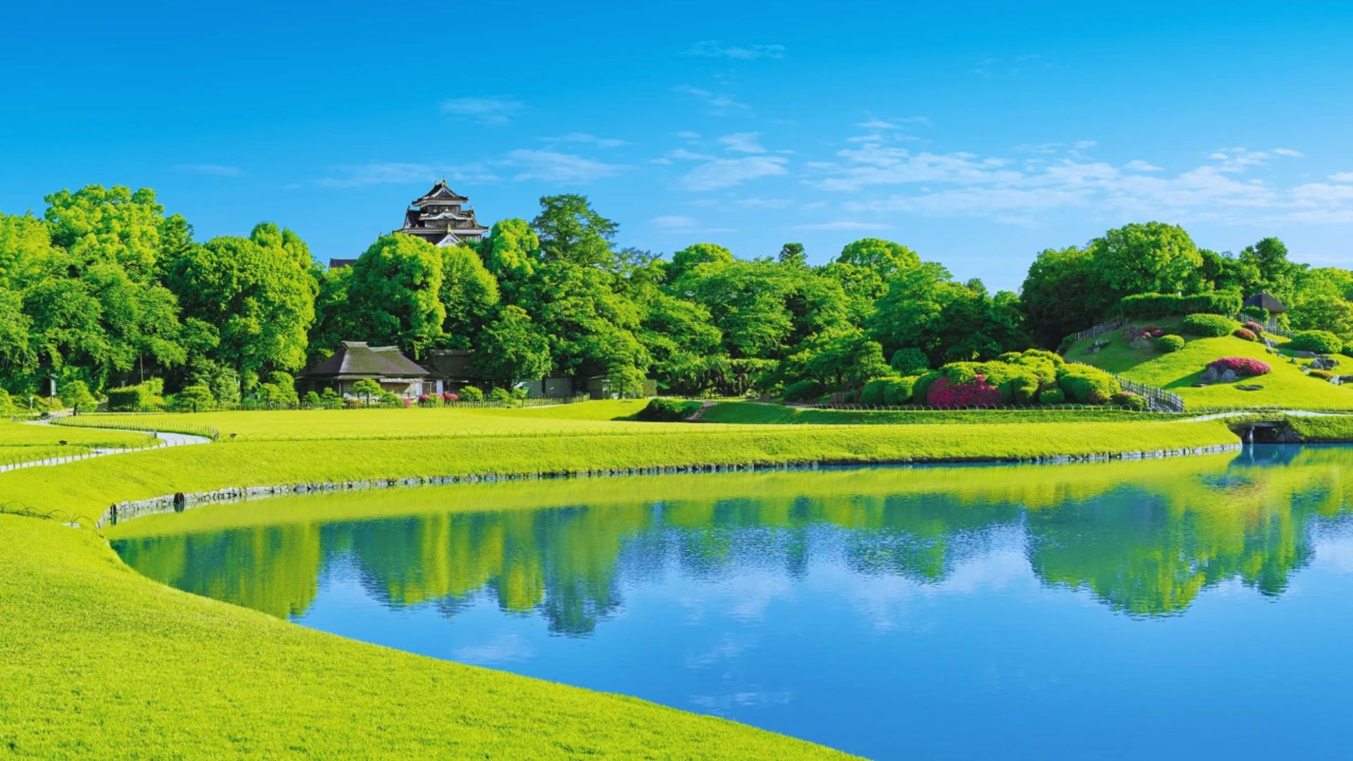 A serene lake bordered by lush green grass and trees under a clear blue sky.