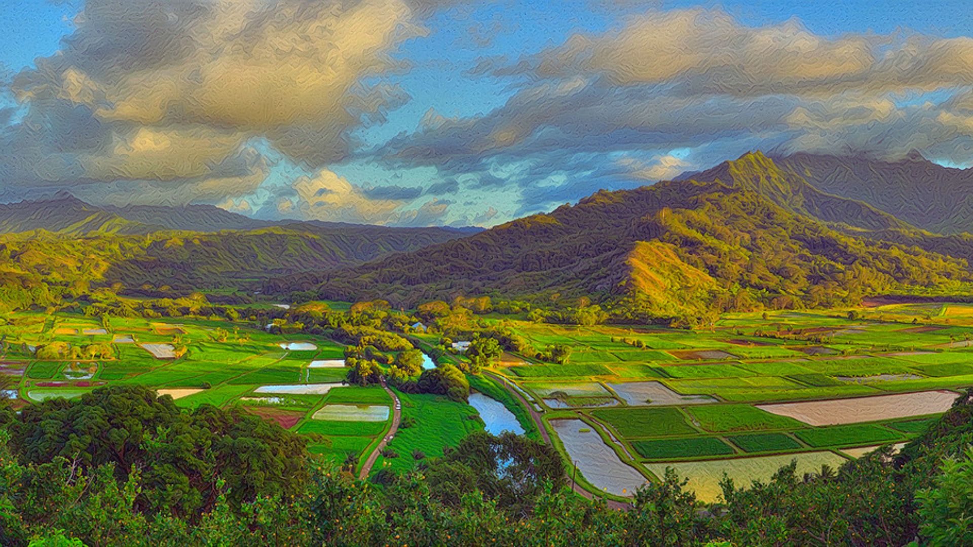 Vibrant landscape painting of lush green valleys, winding river, and majestic mountains under a dramatic cloudy sky, conveying tranquility and depth.