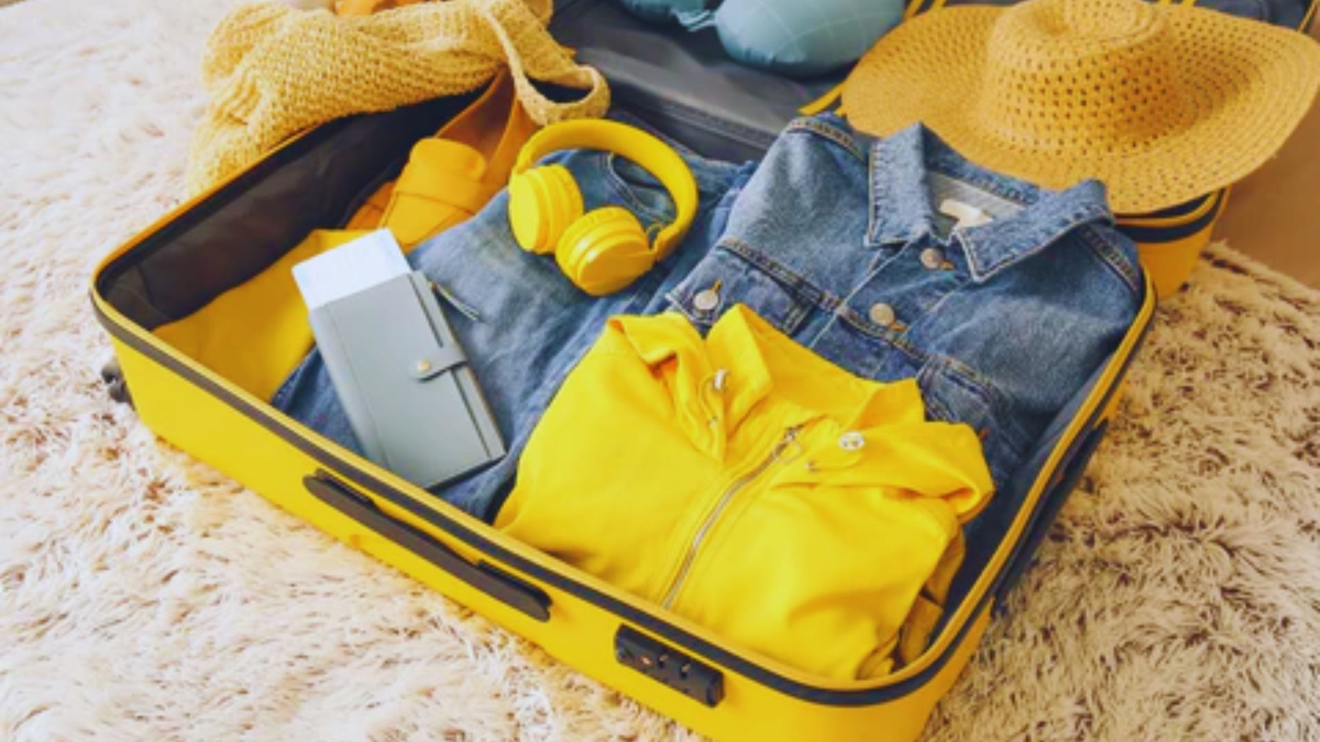 Open yellow suitcase on a soft carpet, packed with a denim jacket, yellow hoodie, straw hat, yellow headphones, a notebook, and a knitted sweater.