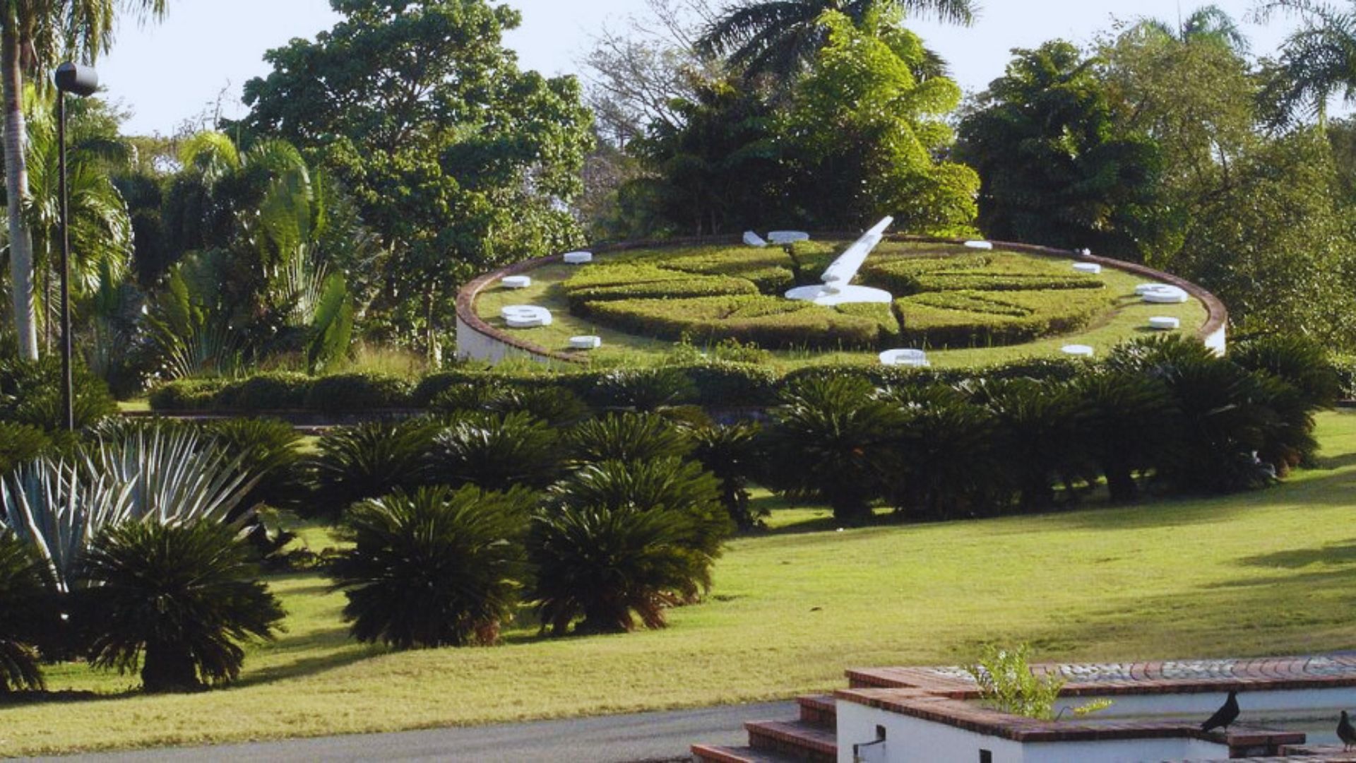 A large clock stands prominently in the center of a vibrant green field, surrounded by lush grass and open space.