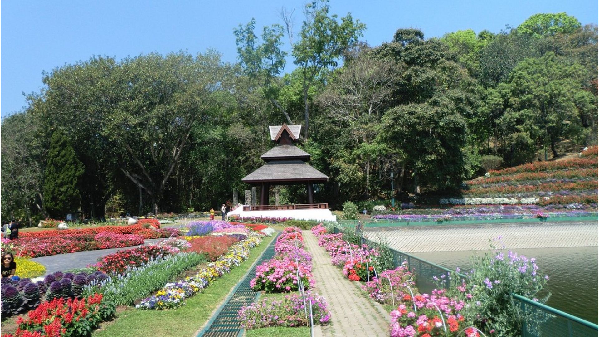 A vibrant garden filled with colorful flowers surrounding a charming gazebo at its center.