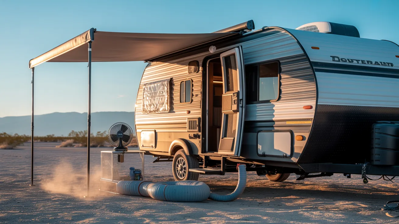 A small camper trailer parked in a vast desert landscape under a clear blue sky.