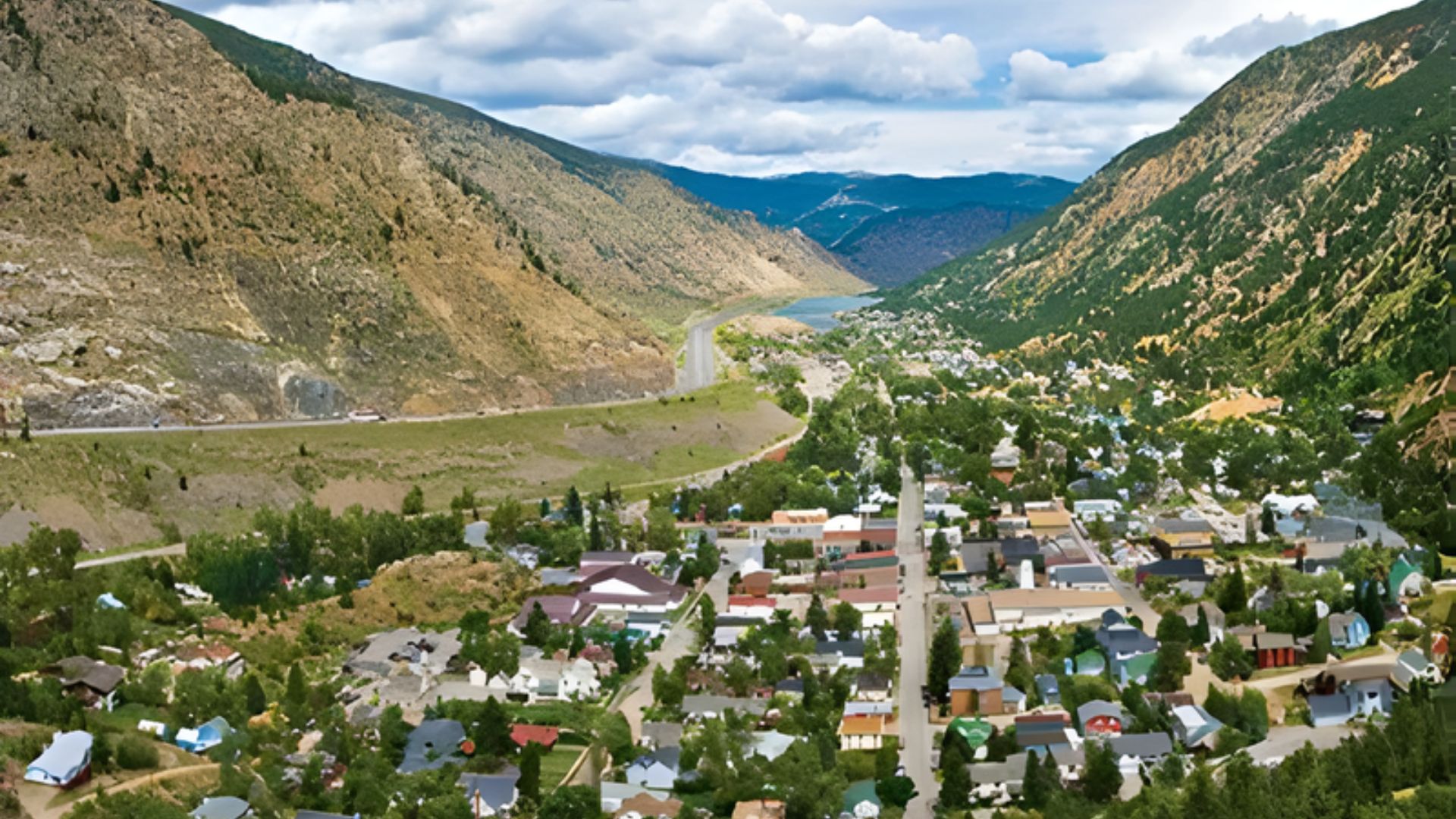 Aerial view of a small mountain town, showcasing rooftops nestled among lush greenery and surrounding peaks.