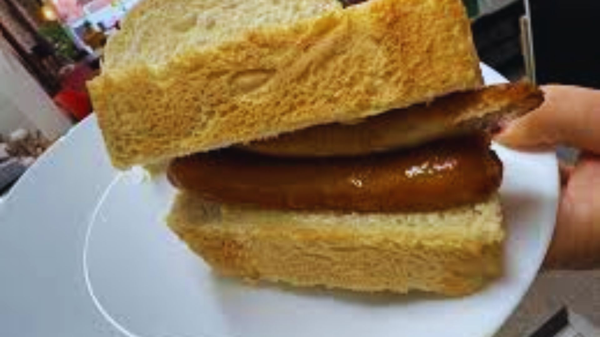 A person holding a plate with a sandwich, showcasing a simple meal ready to be enjoyed.