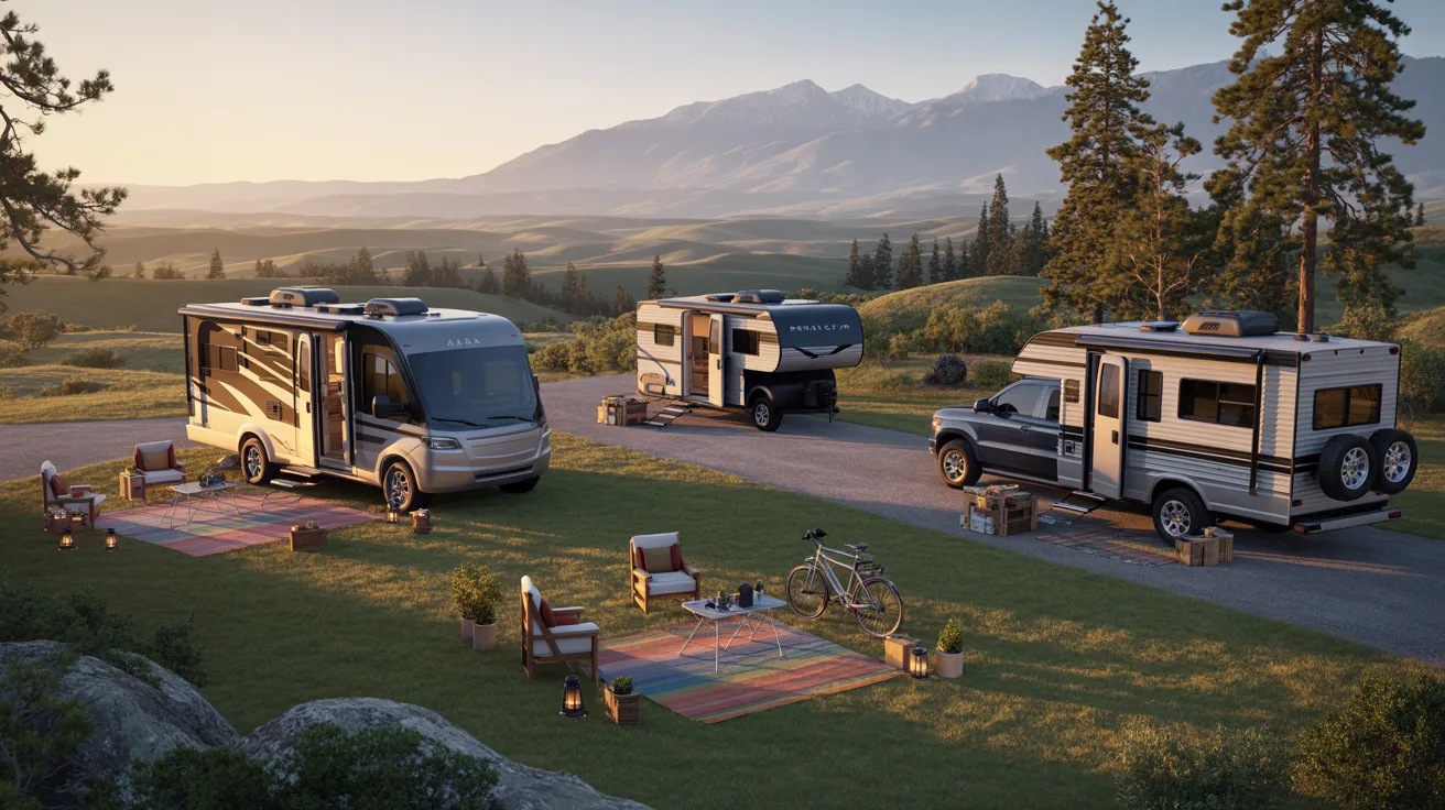Three RVs parked in a grassy field with majestic mountains rising in the background under a clear blue sky.