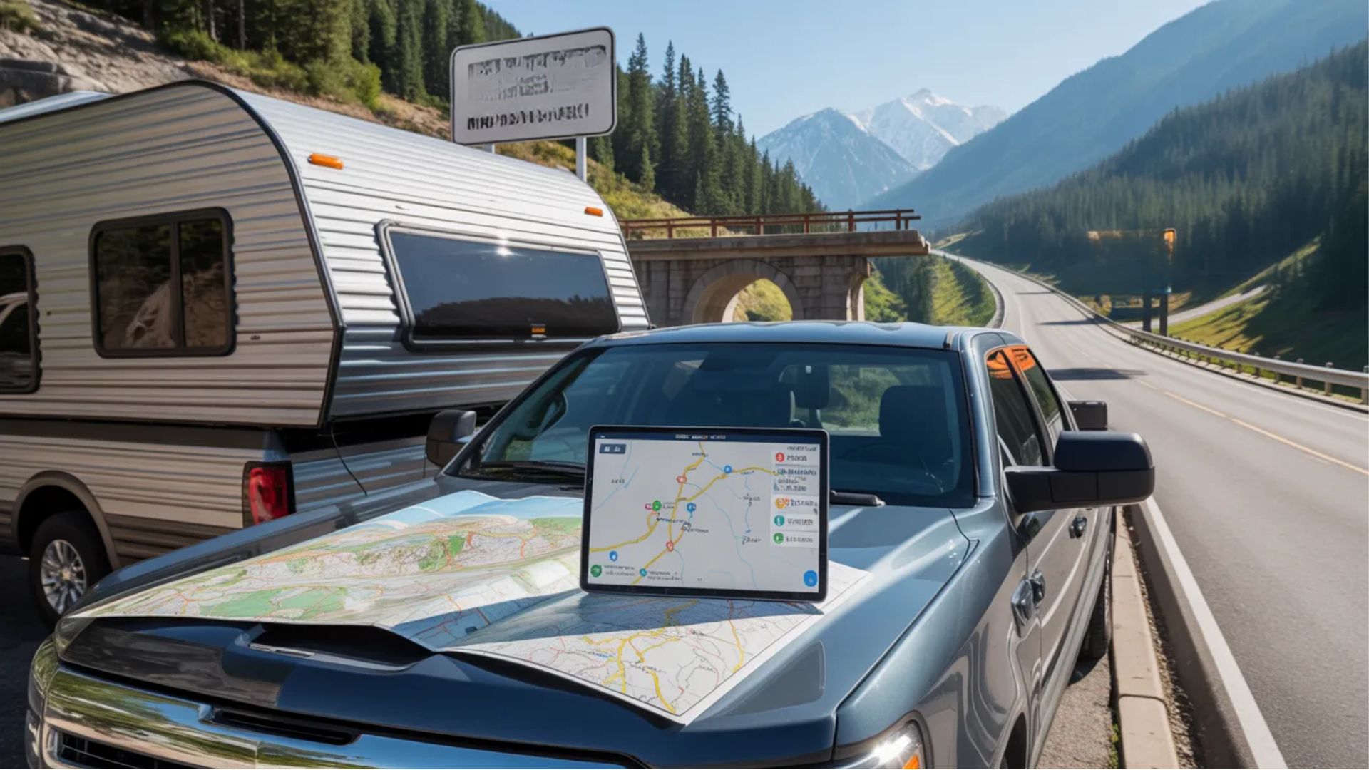 A map and a tablet are placed on the back of a truck, indicating navigation tools for travel or delivery.