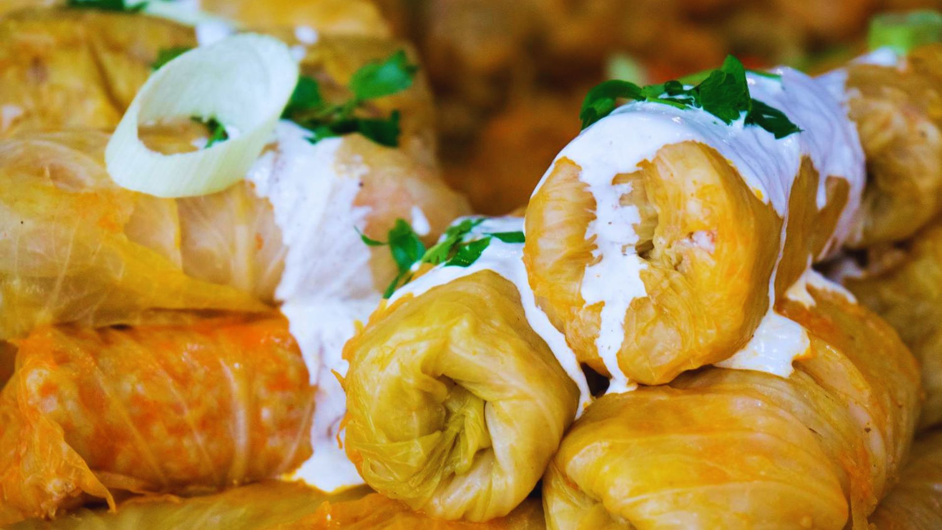 A plate of Turkish stuffed cabbage rolls, garnished with herbs and served with a side of yogurt sauce.
