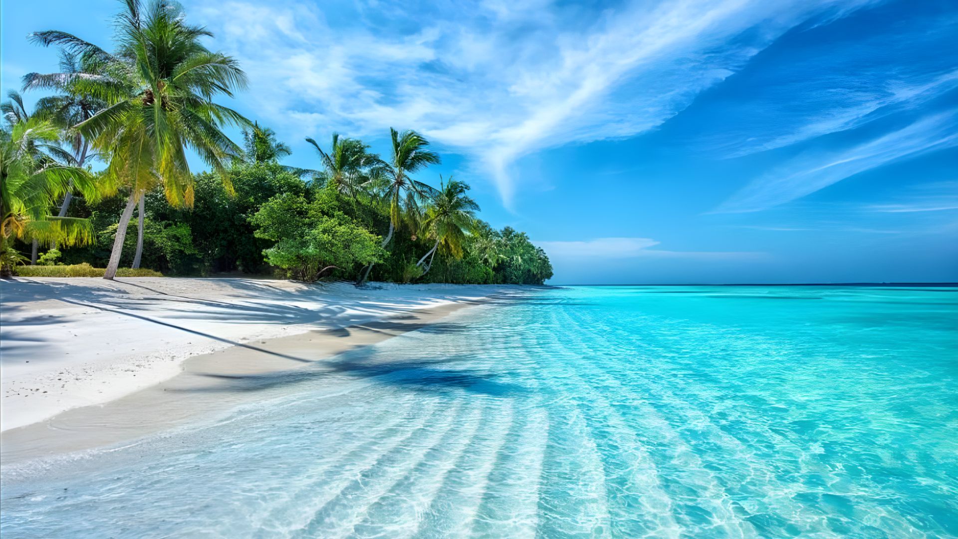 Tropical beach scene with turquoise water and white sand. Tall palm trees line the shore, stretching out under a vibrant blue sky with wispy clouds.
