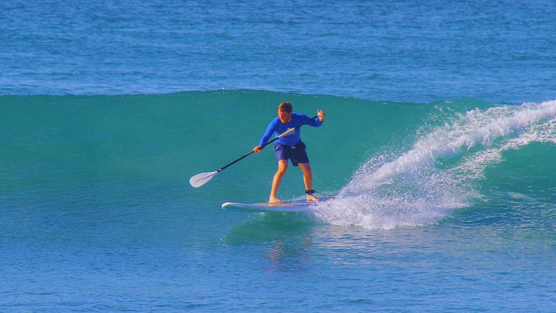 A person in a blue shirt is stand-up paddleboarding on a clear, turquoise wave, surrounded by splashing water, conveying excitement and energy.
