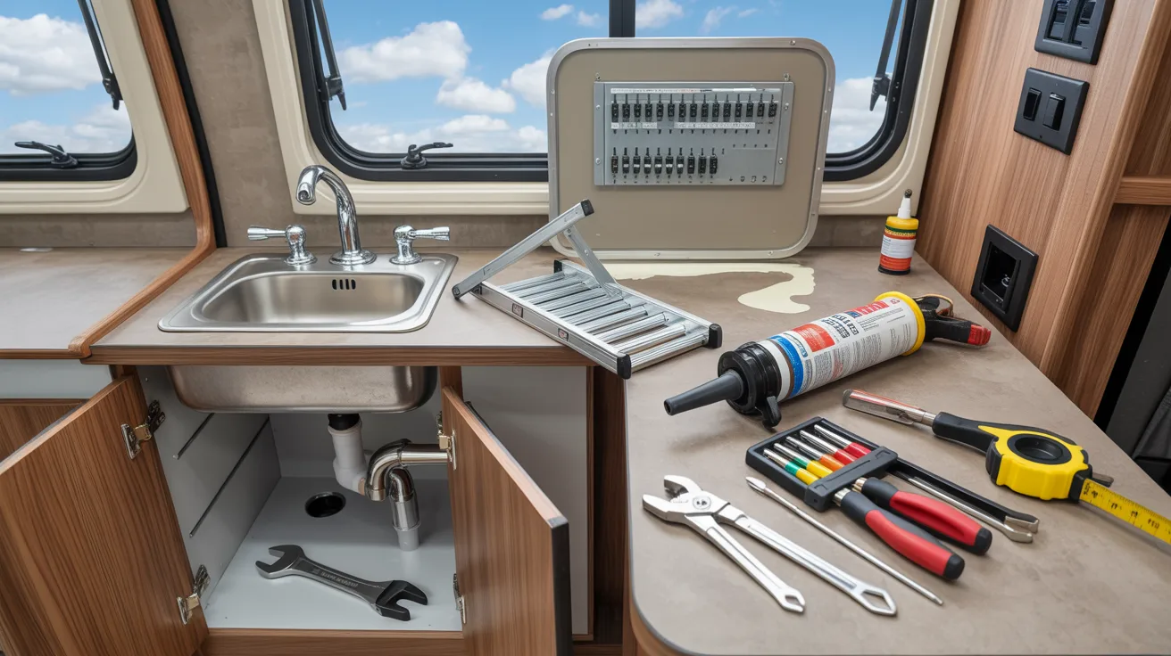 A kitchen sink with various tools and items arranged on a countertop, showcasing a functional cooking space.