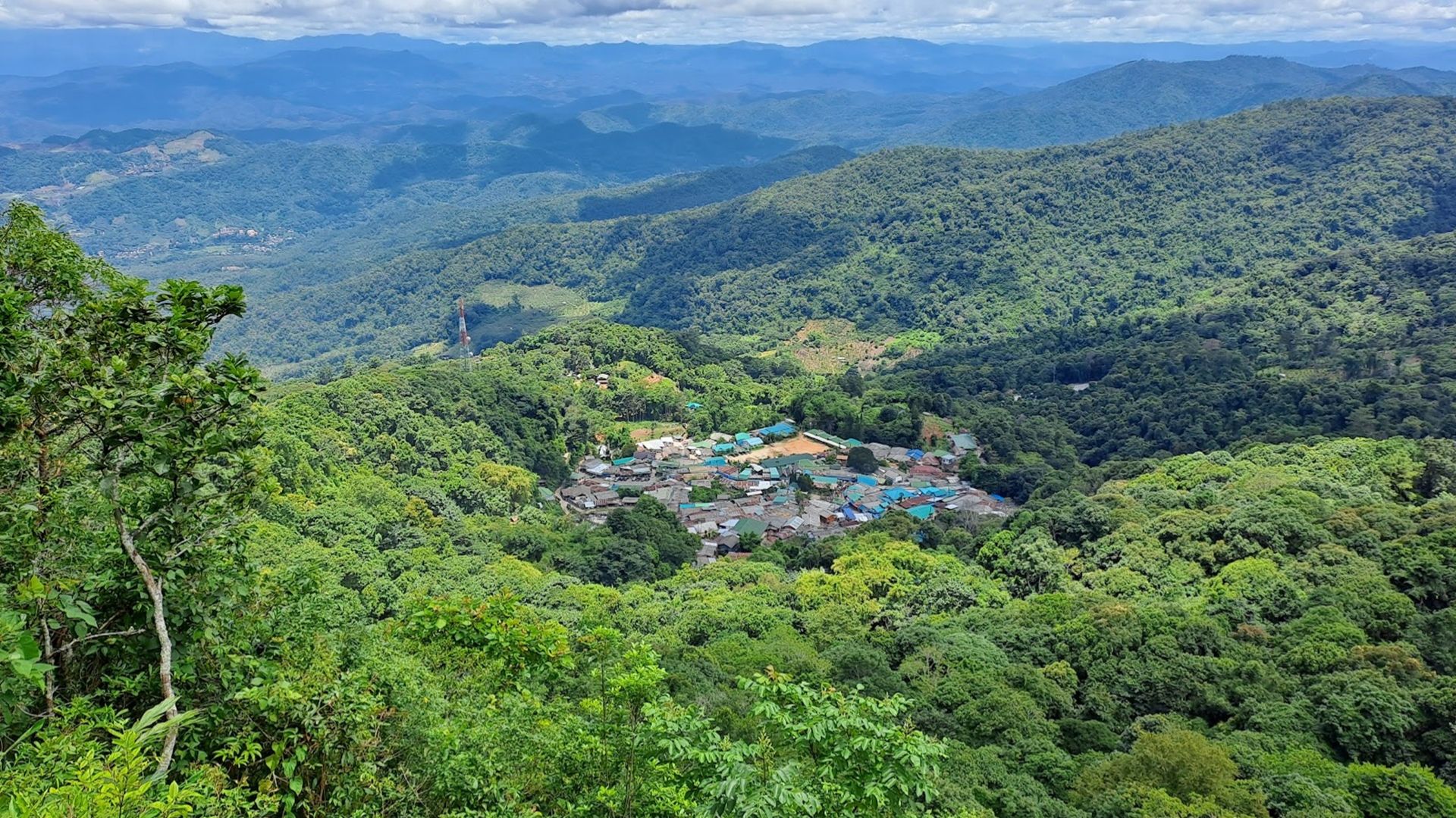 A small village nestled among vibrant green trees, showcasing a serene and picturesque natural landscape.