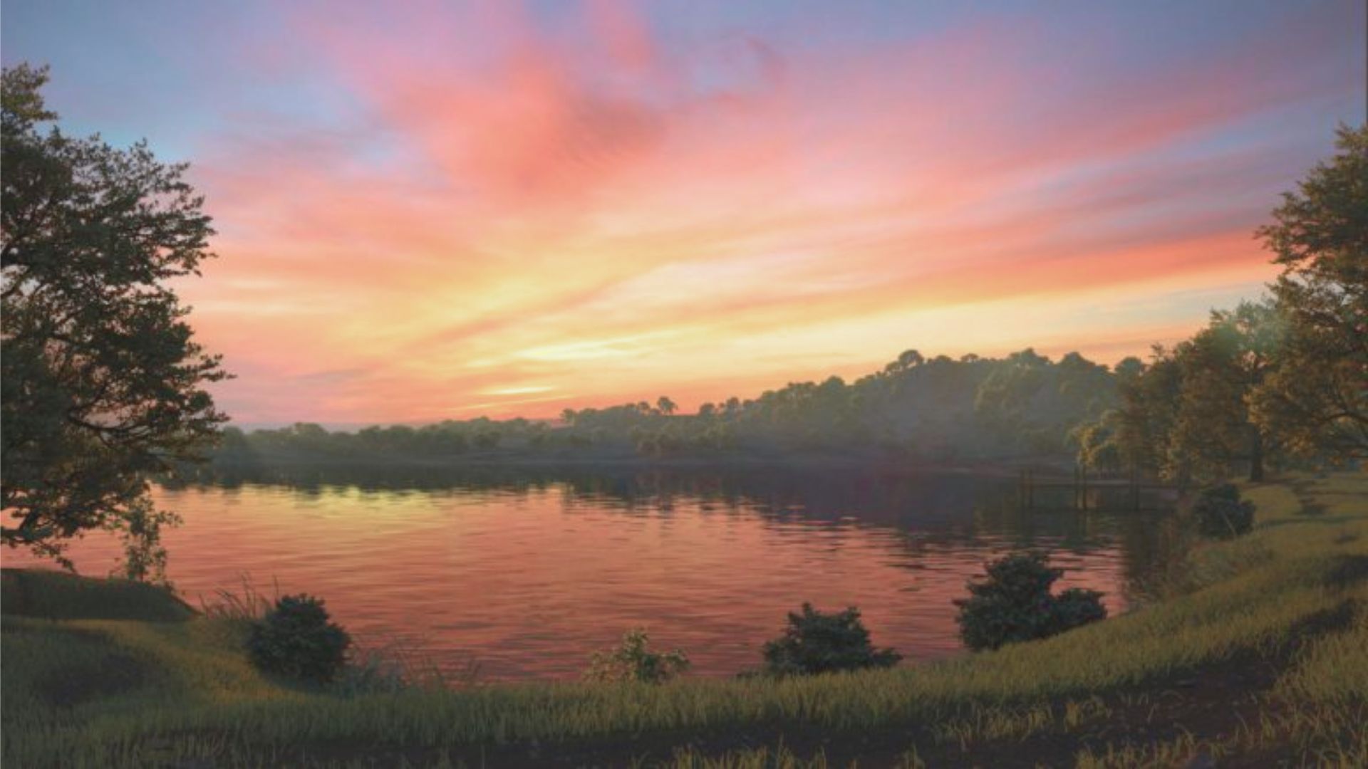 A tranquil lakeside landscape at sunset, with a vibrant sky of orange, pink, and purple hues reflecting on the water, surrounded by lush trees and greenery.