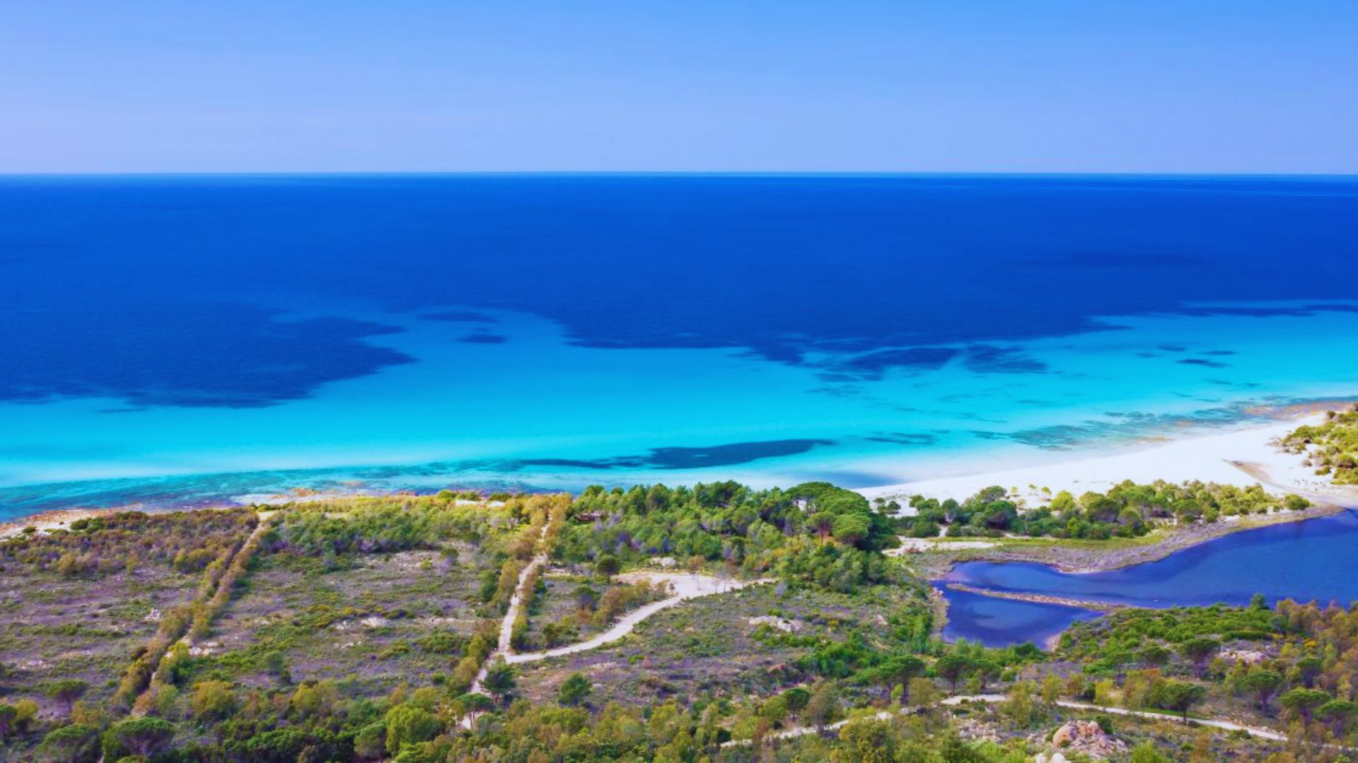 Vibrant coastal landscape with turquoise sea meeting clear sky, lush greenery, and a winding sandy path. The scene conveys tranquility and beauty.