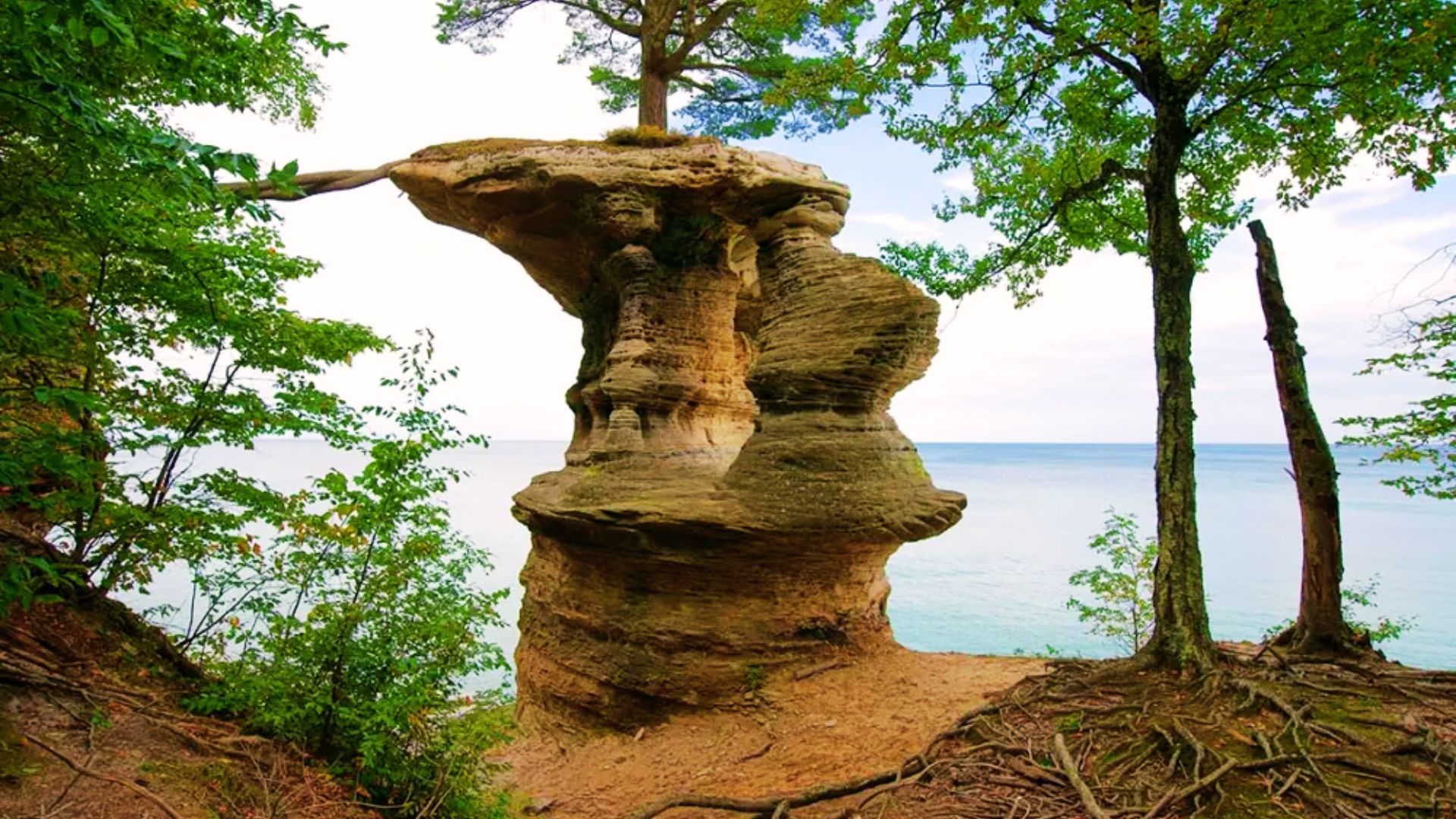 A striking rock formation with layered textures stands on a lakeshore, topped with a single tree. Framing the scene are lush green trees, set against a serene blue sky and water.
