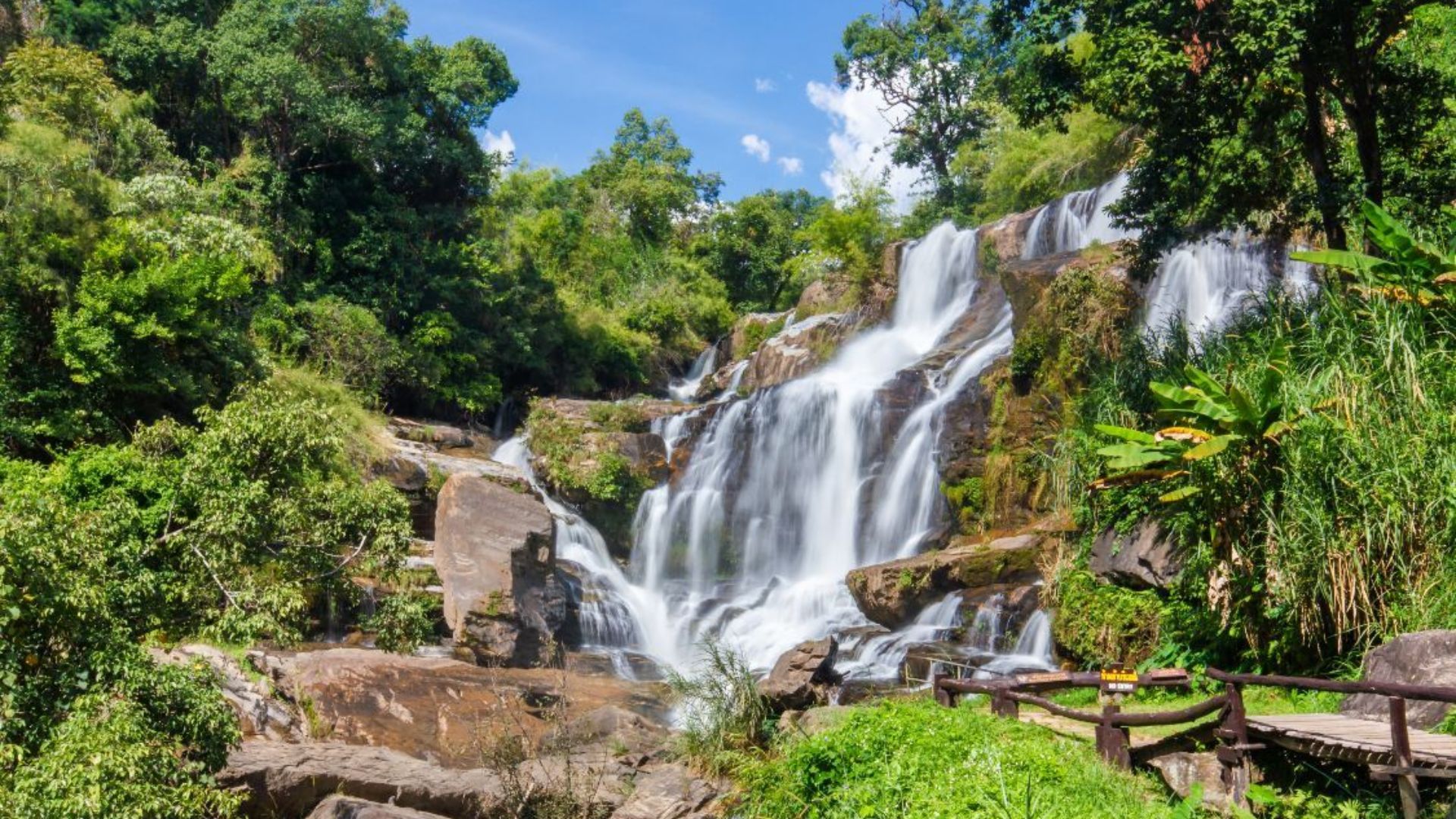 A tranquil waterfall cascades in a jungle setting, with wooden benches nestled among the trees for seating.
