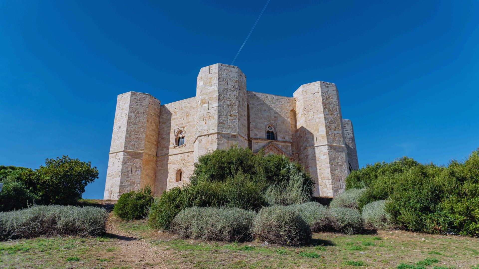 A medieval stone castle with octagonal towers stands prominently under a clear blue sky. Lush green shrubs surround its base, emphasizing its grandeur.