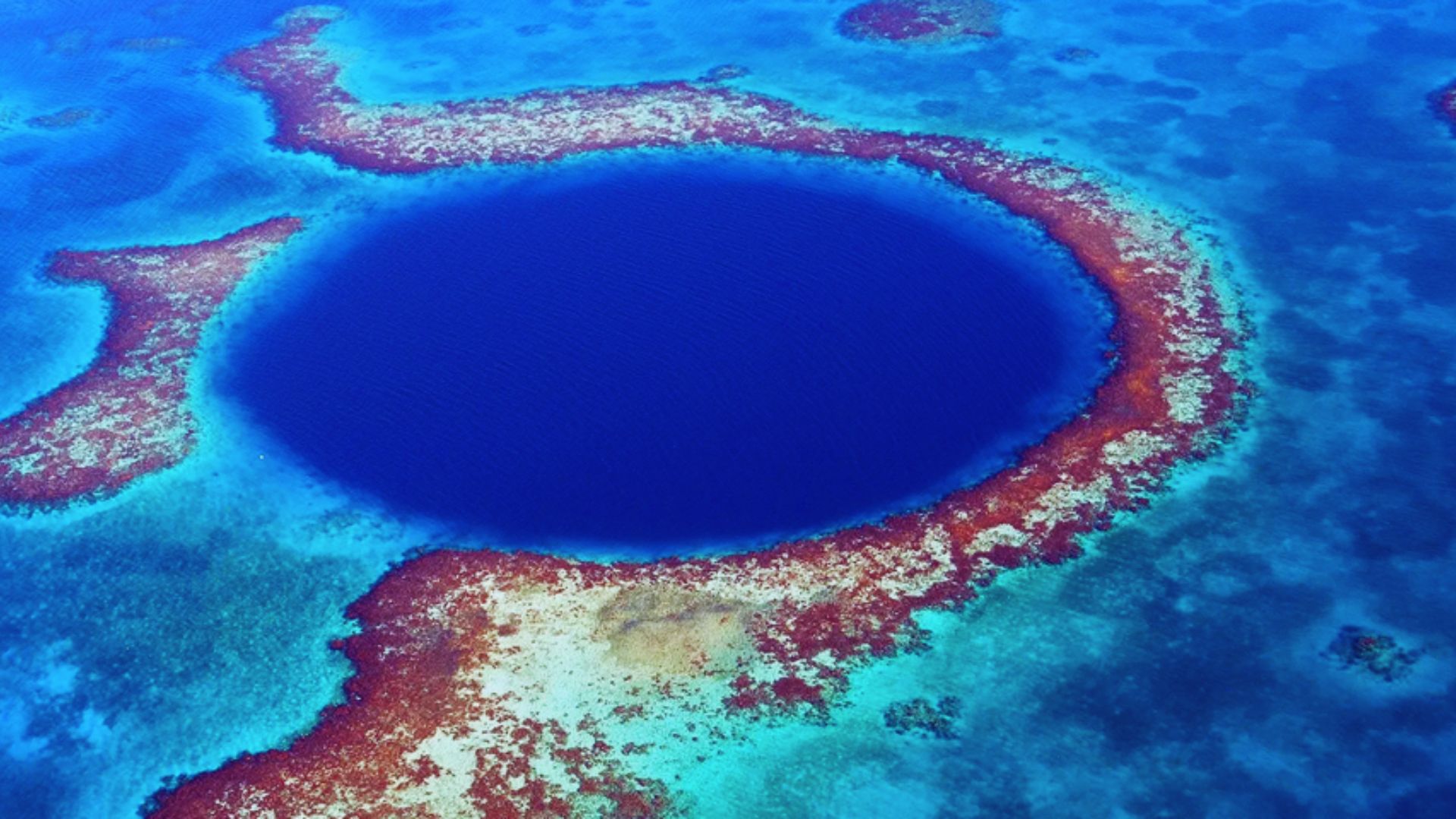 Aerial view of the Blue Hole in Belize, showcasing its deep blue waters surrounded by a coral reef.