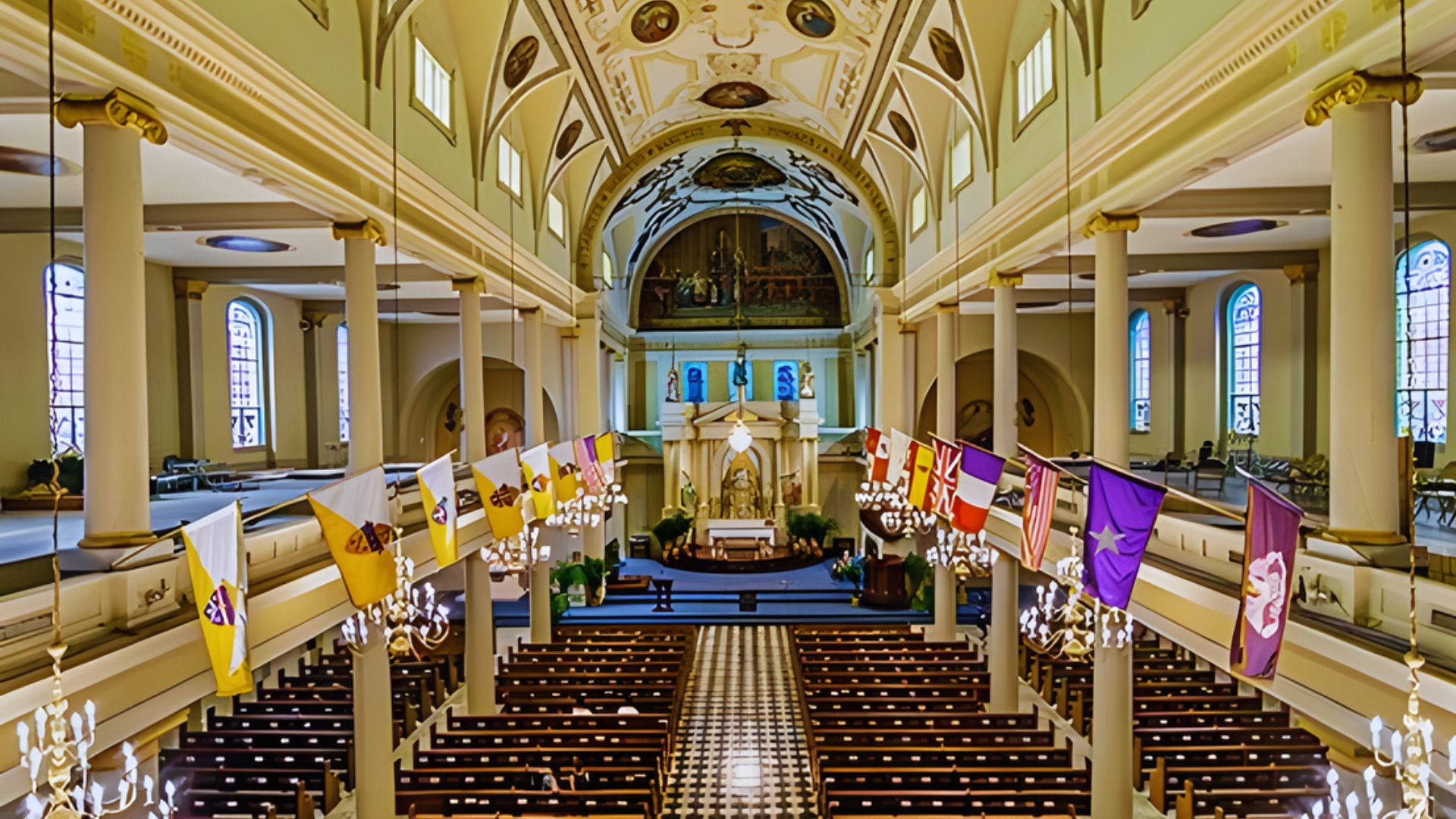 A church interior featuring numerous rows of chairs beneath a large, ornate chandelier.