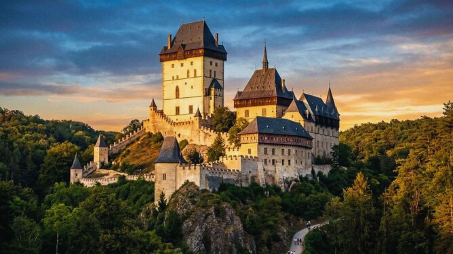 A majestic castle with pointed towers is perched on a hill, surrounded by lush greenery. The golden sunset sky adds a warm, serene atmosphere.