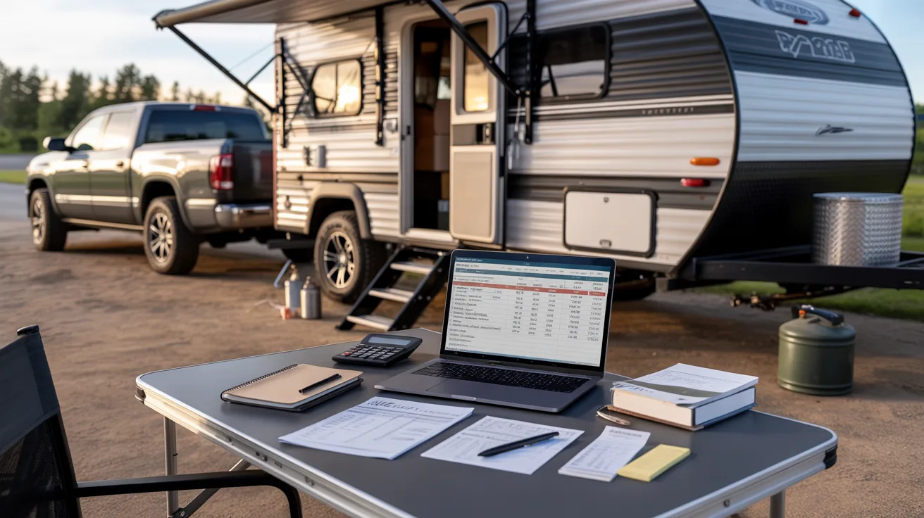 An open-door camper featuring a ladder on top, positioned in a scenic outdoor environment.