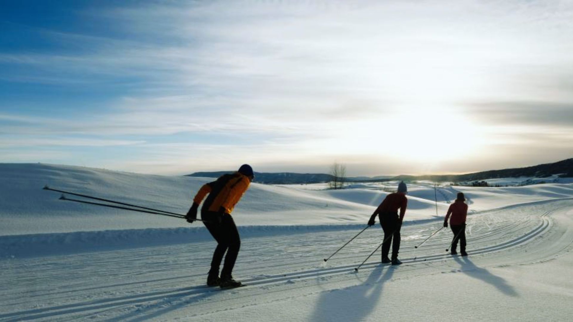 Three people cross-country skiing on a snow-covered trail at sunrise. The scene is serene, with soft light and gentle hills in the background.
