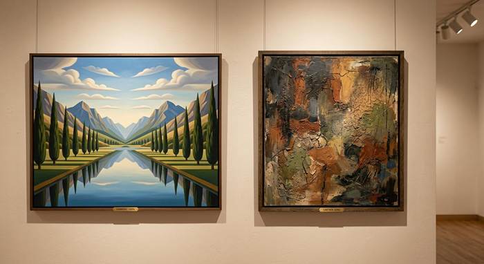 Two paintings in a gallery: on the left, a symmetrical landscape with mountains and trees reflecting on water; on the right, an abstract textured artwork.