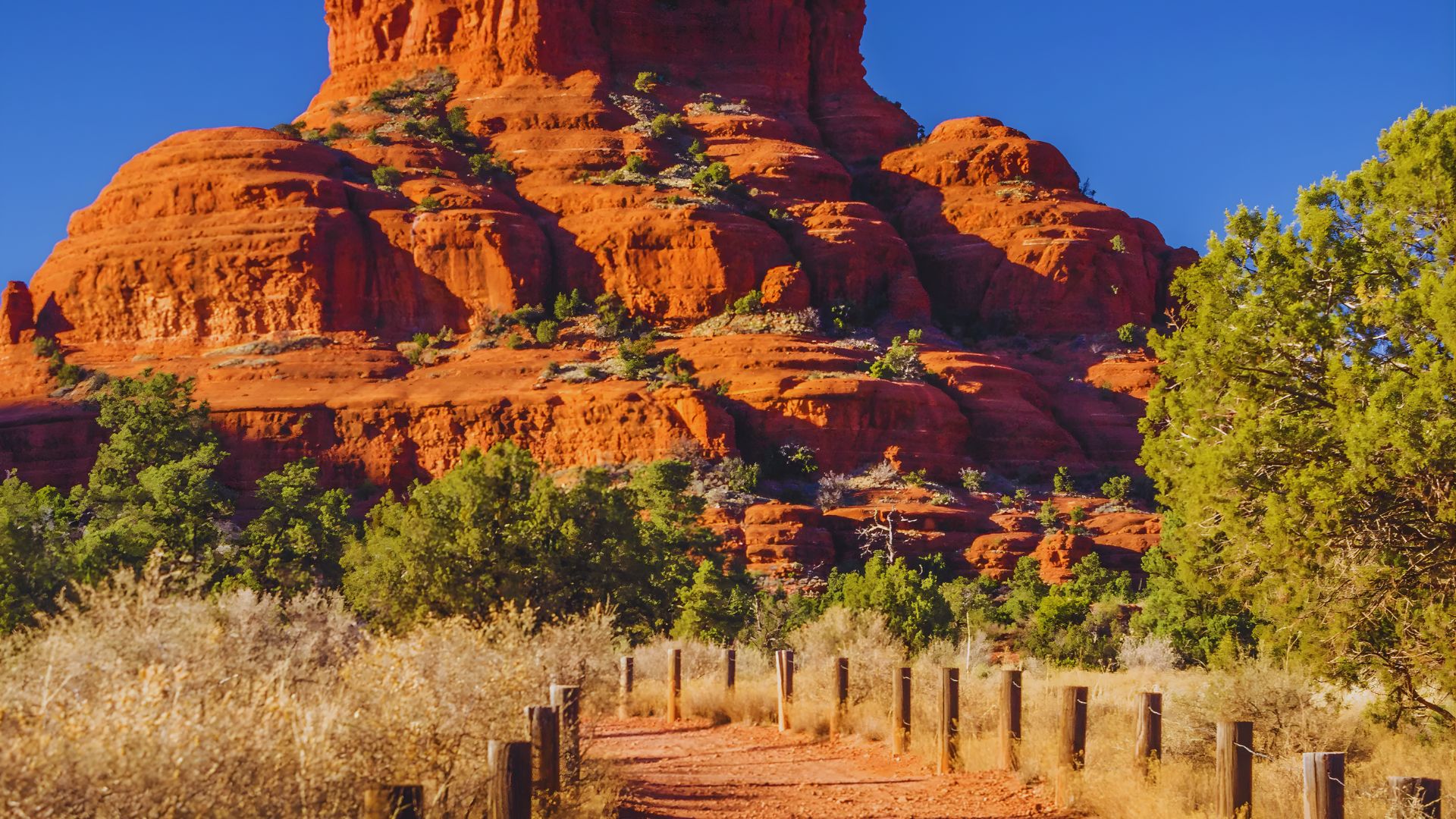 A scenic desert trail leads to a stunning red rock formation beneath a clear blue sky, surrounded by green shrubs and bathed in warm sunlight.
