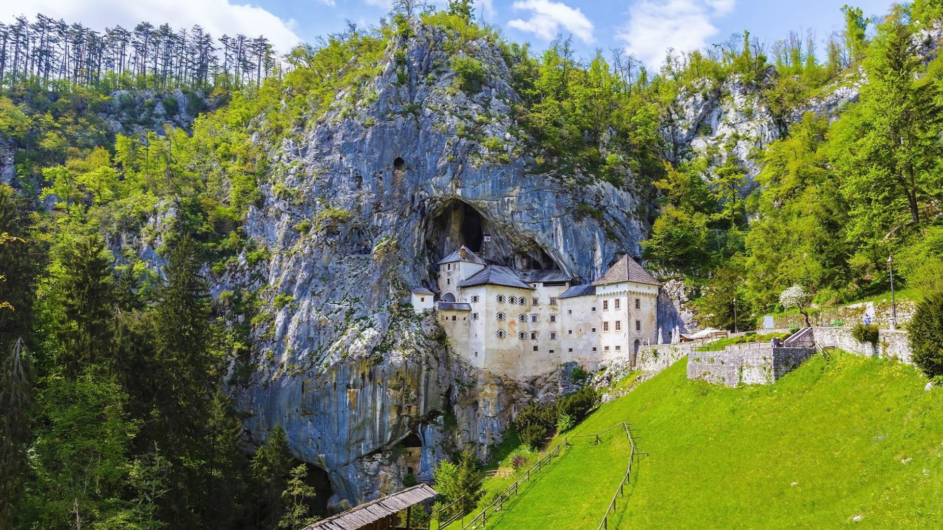 Castle nestled in a rocky cliffside amidst lush green forests. The medieval structure blends with the natural cave, creating a serene and historic atmosphere.