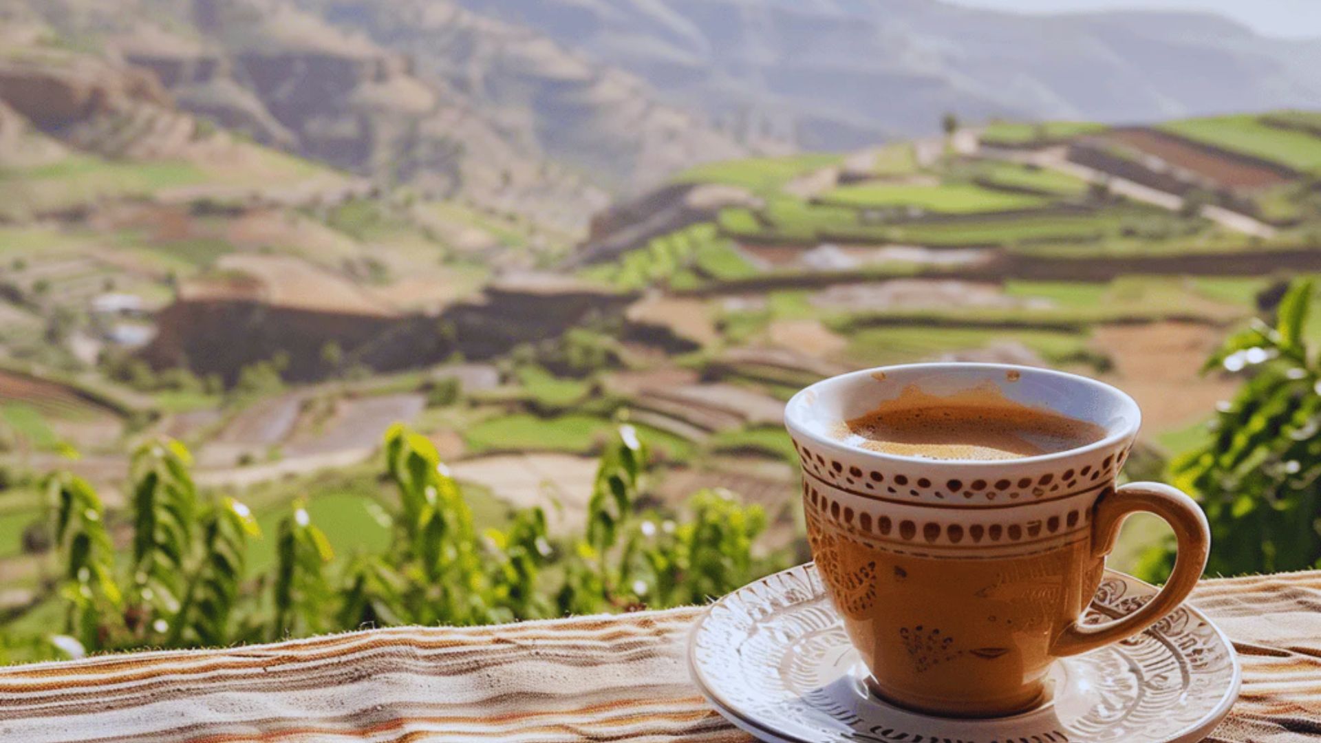 Ceramic cup filled with steaming coffee on a table overlooking lush, terraced fields and distant mountains, evoking a serene and peaceful ambiance.