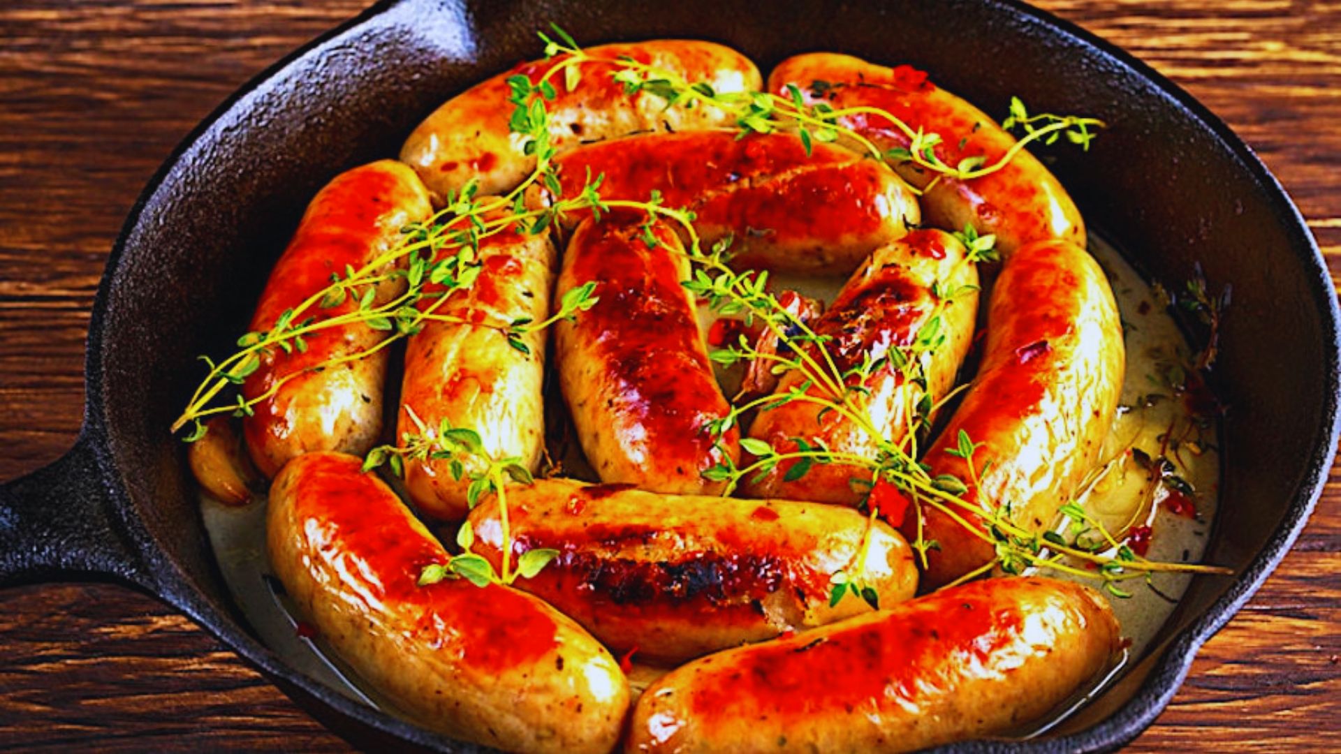 A skillet filled with sizzling sausages garnished with fresh herbs, showcasing a delicious meal preparation.