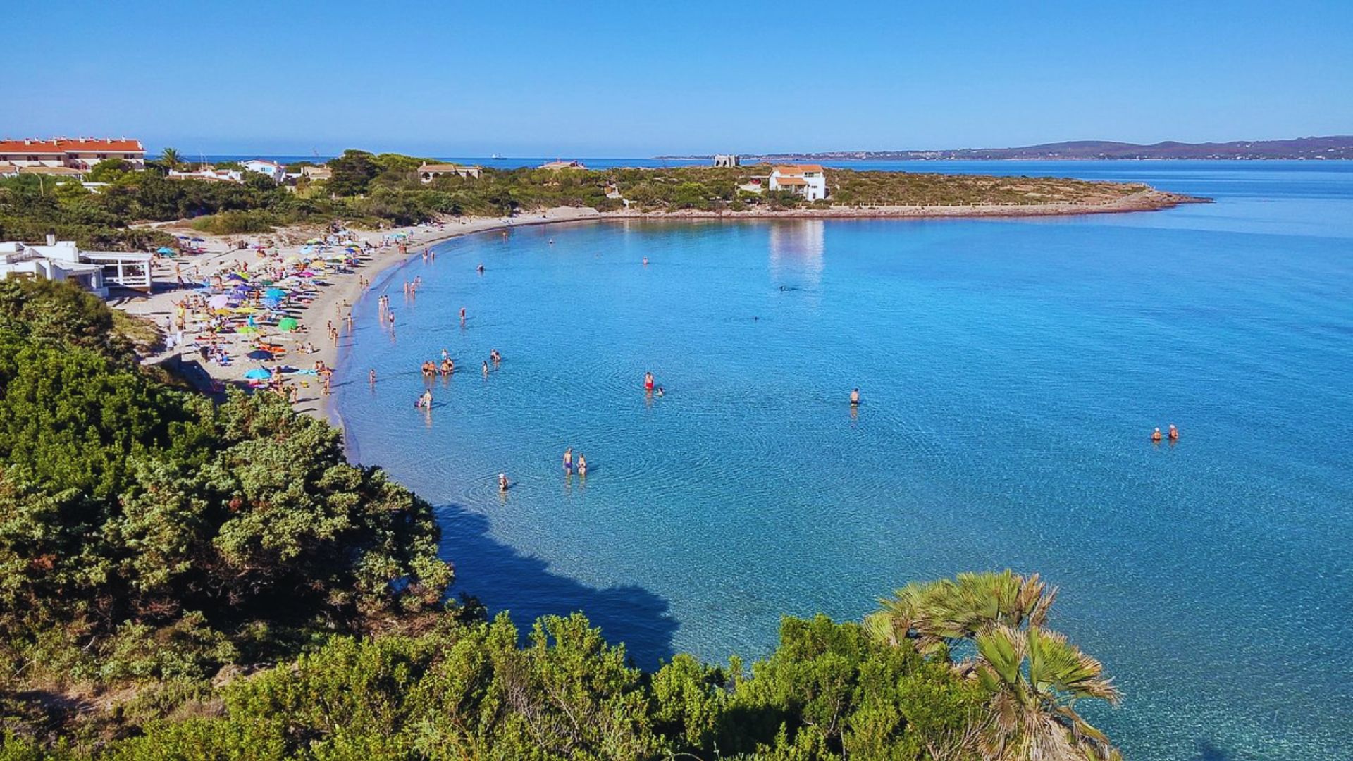 Aerial view of a vibrant beach with turquoise waters and a curved shoreline. People swim and sunbathe, umbrellas line the sand, and trees border the scene.