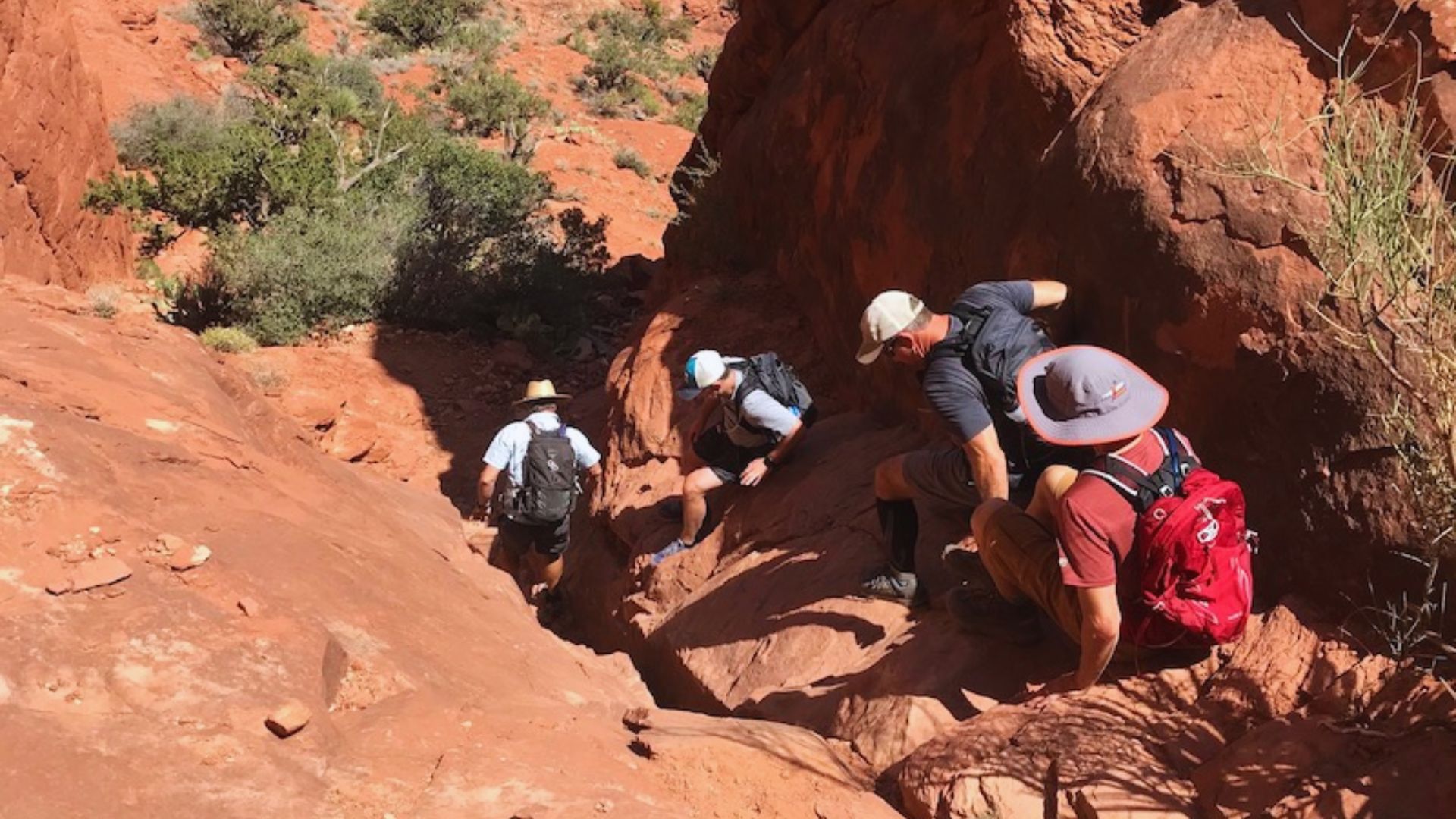 Four hikers with backpacks navigate a steep, rocky trail in a red desert landscape. The sun casts shadows, and sparse vegetation dots the terrain.