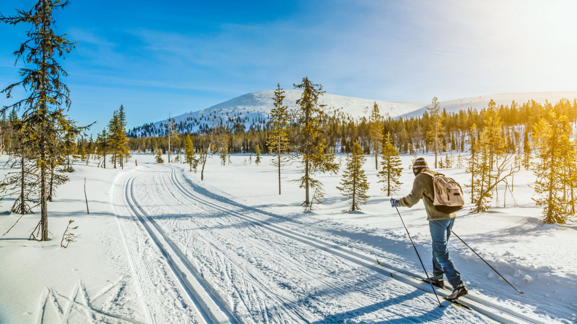 A person cross-country skiing in a snowy landscape with tall trees and a distant mountain under a clear blue sky, evoking a sense of serenity and adventure.