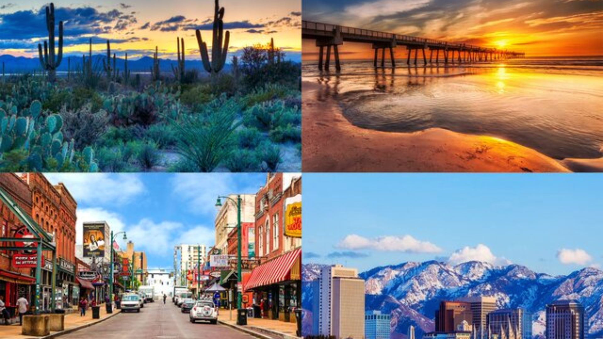 A collage featuring four images of various cities set against stunning mountain backdrops.