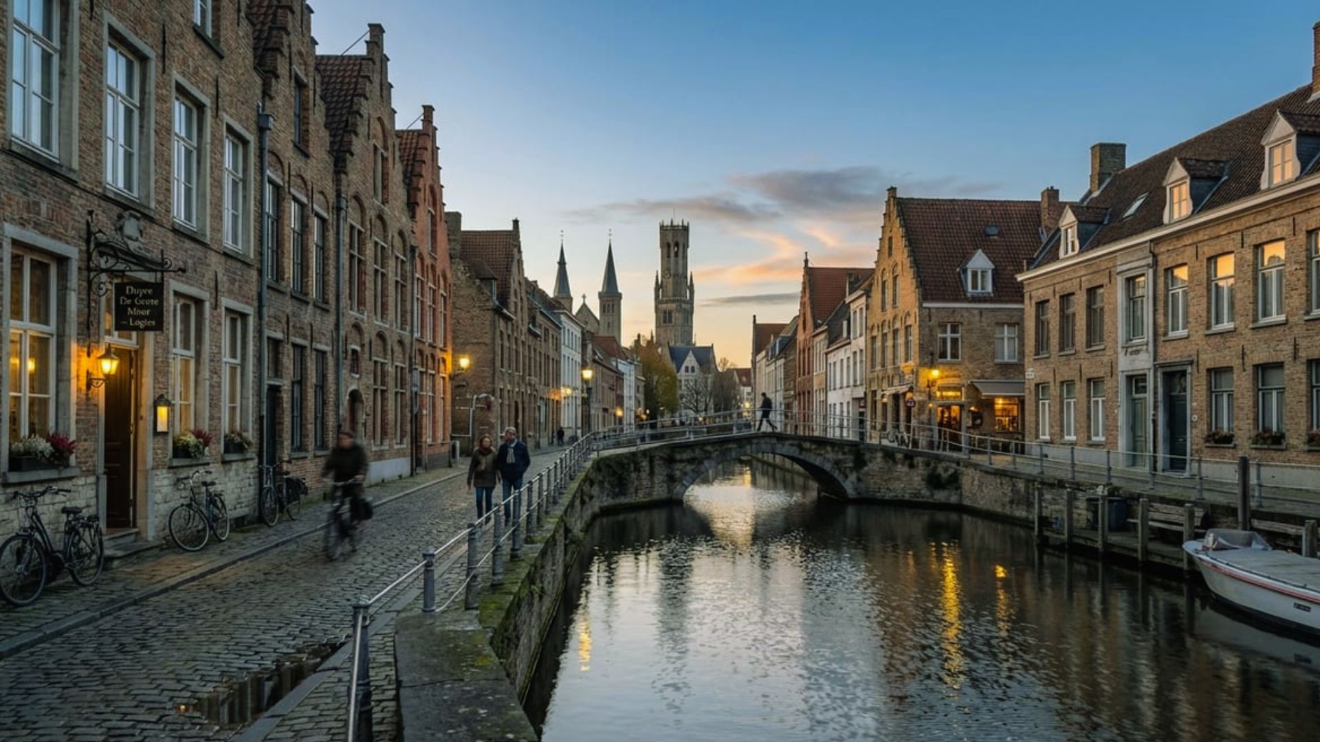 Scenic view of the canal in Bruges, Belgium, surrounded by historic buildings and lush greenery.