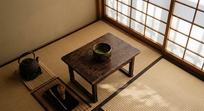Minimalist Japanese tea room with tatami mats, a low wooden table, a tea bowl, and a teapot. Soft sunlight filters through shoji panels, creating a serene ambiance.