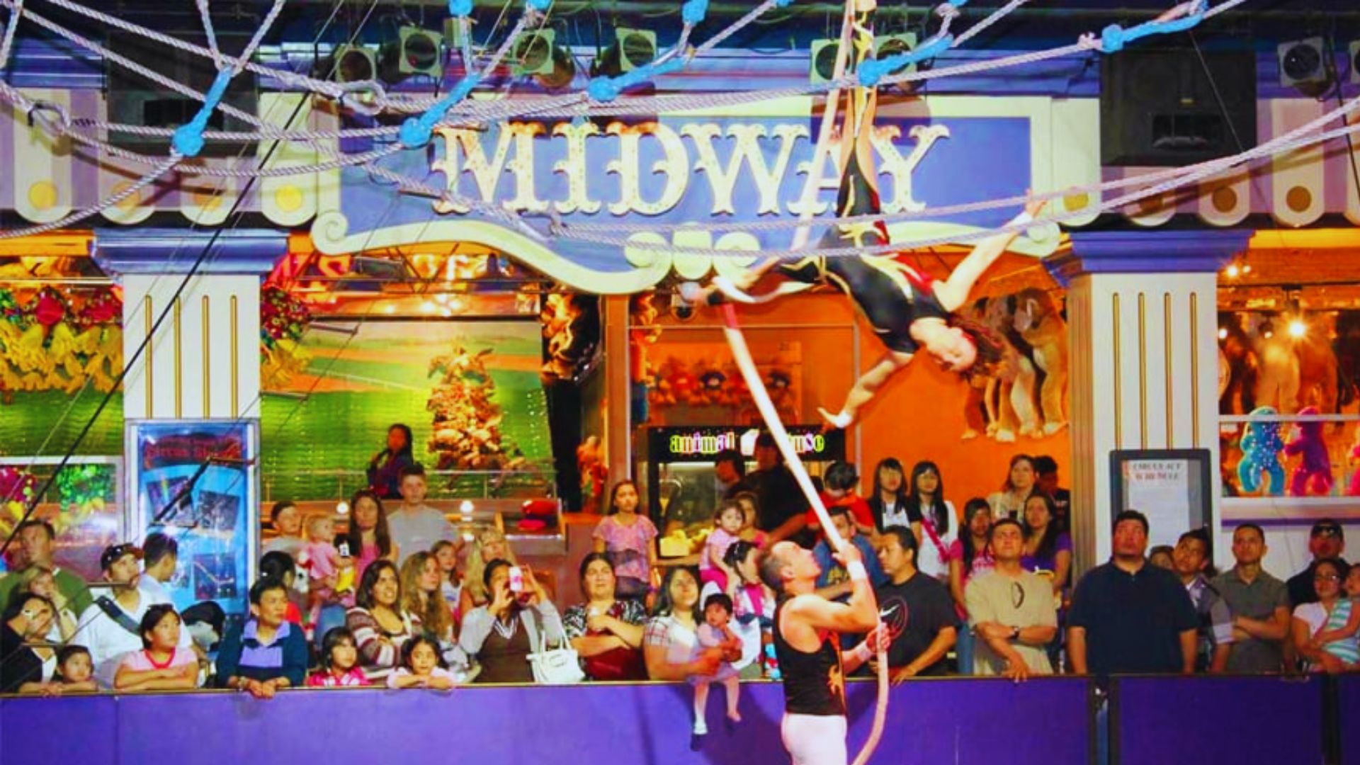 A circus performer captivating a large audience with an impressive act under the big top.