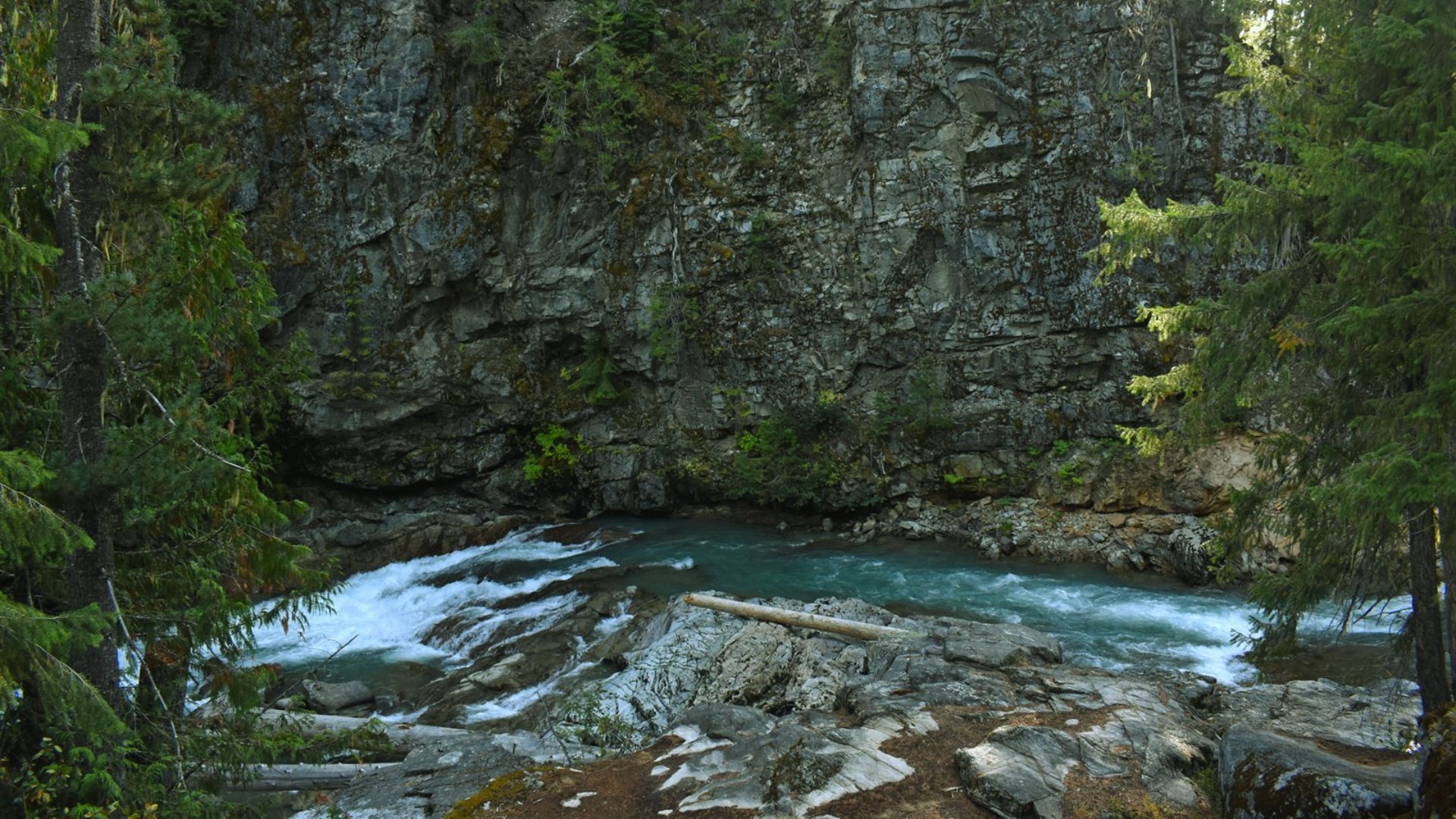 A serene river with white rapids flows through a rocky gorge, bordered by lush green trees. The scene conveys a tranquil and natural atmosphere.