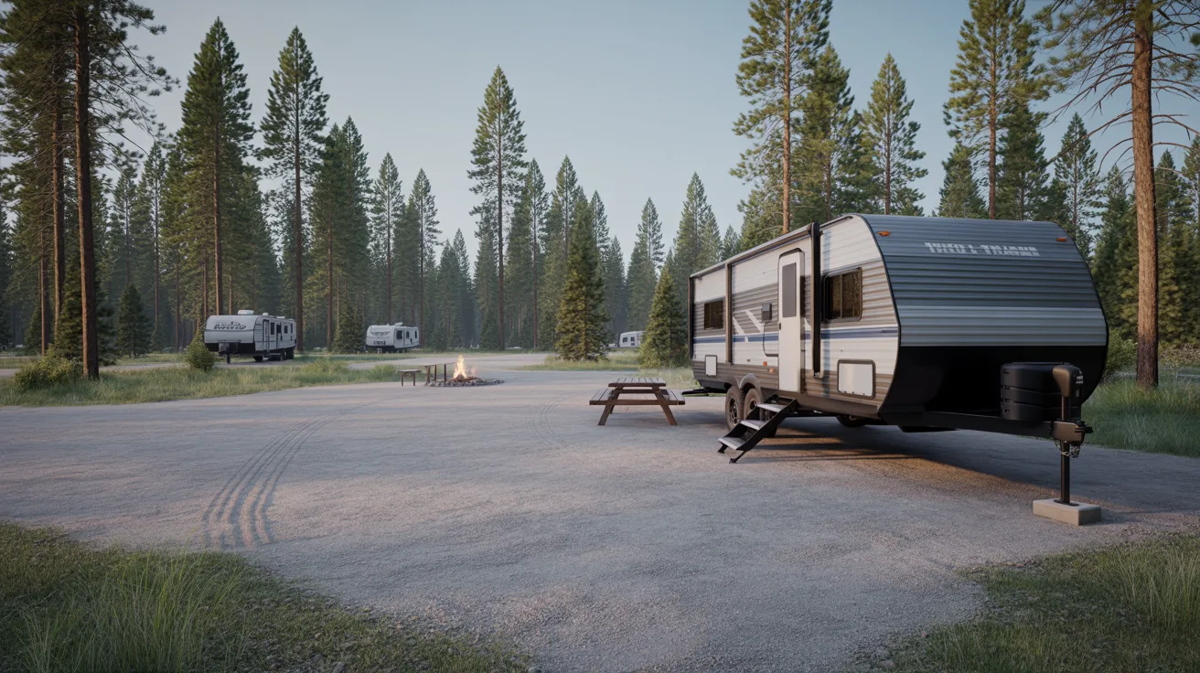 An RV park with a campground area, shaded by tall trees and offering a natural setting.