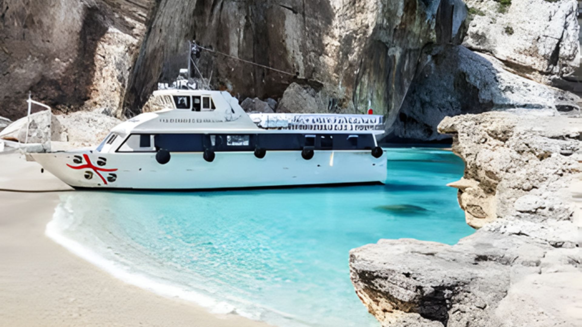 A white boat anchored in a small, serene cove with turquoise water and surrounded by tall, rocky cliffs. The scene conveys a sense of tranquility and isolation.