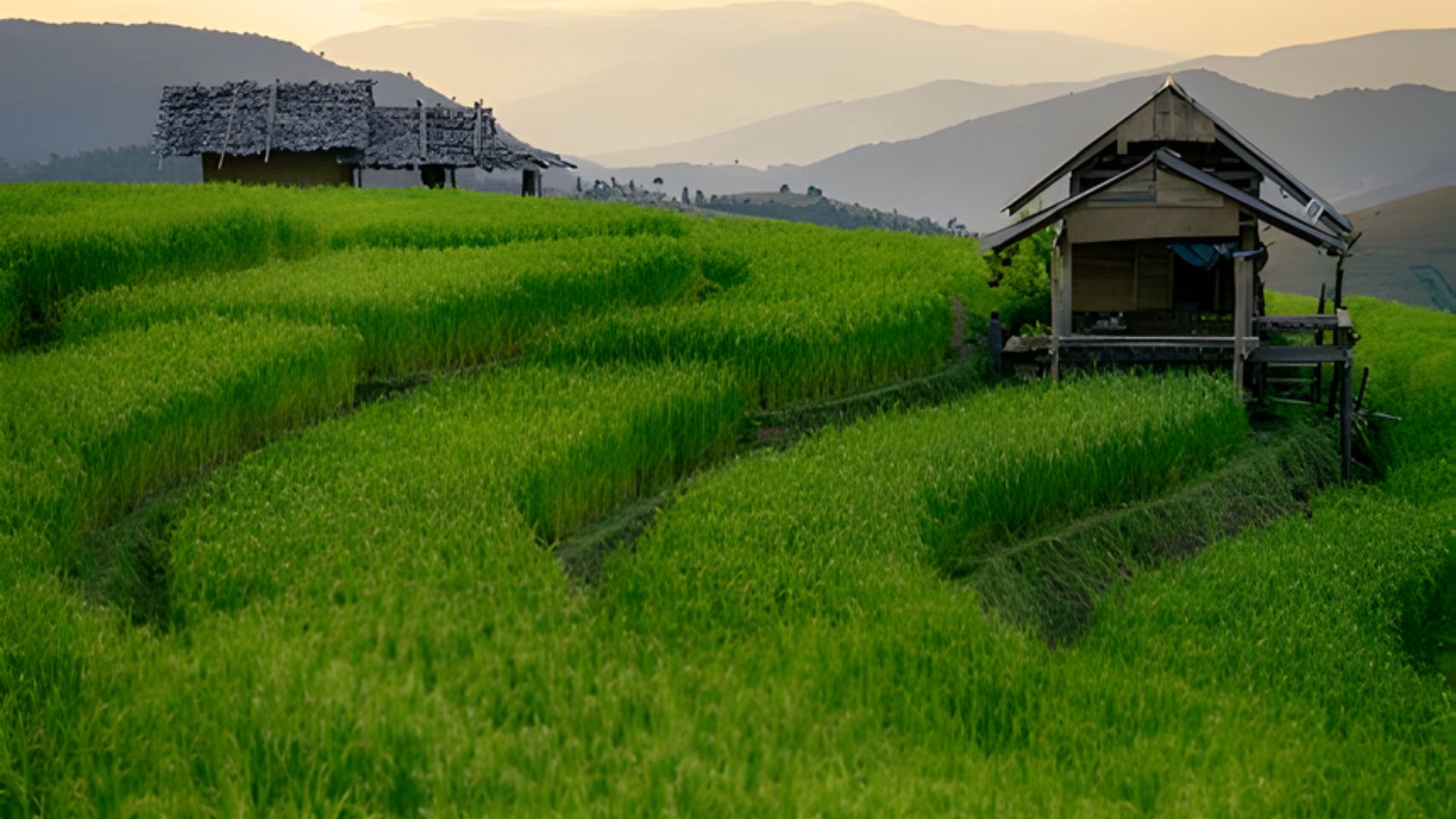 A quaint house nestled in the vibrant green of a rice field, showcasing rural tranquility.
